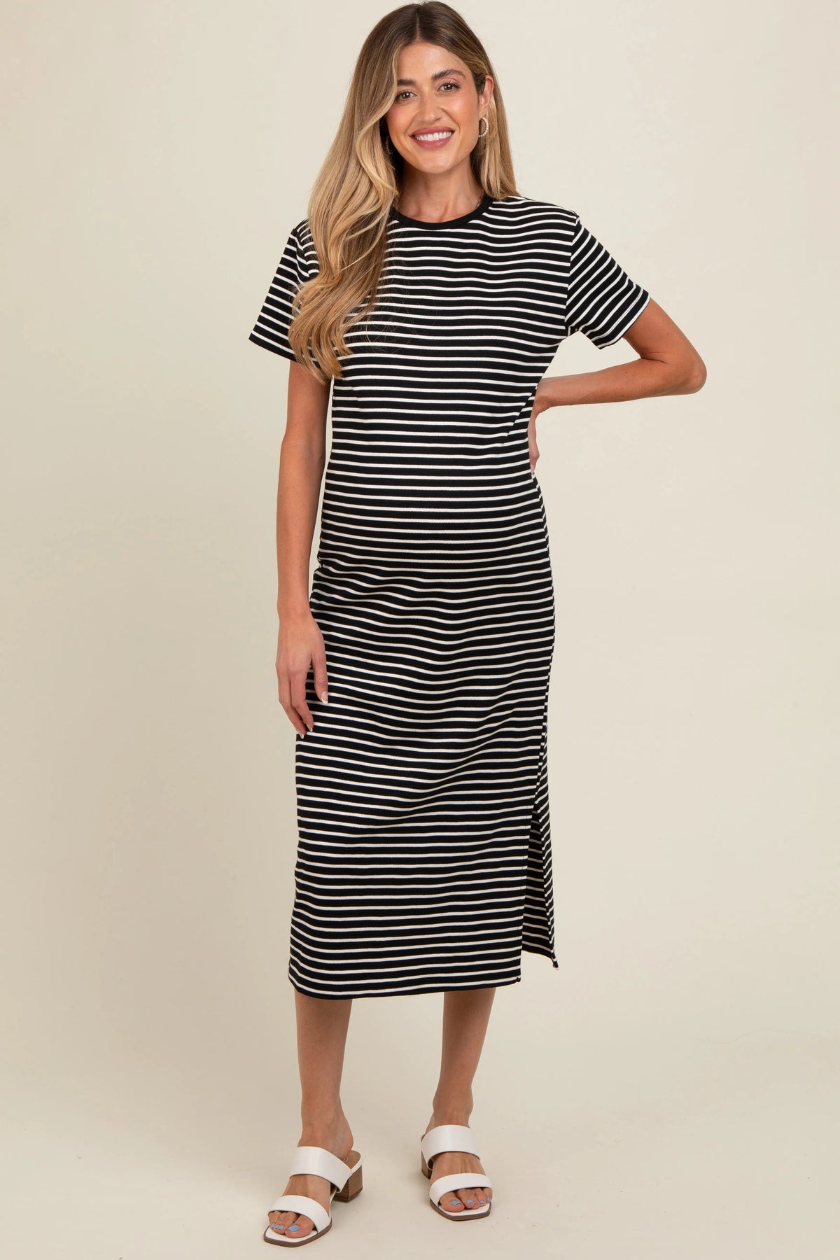 PinkBlush Black Striped Short Sleeve Maternity T-Shirt Midi Dress - 