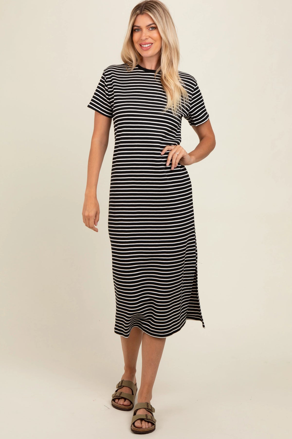 PinkBlush Black Striped Short Sleeve Maternity T-Shirt Midi Dress - 