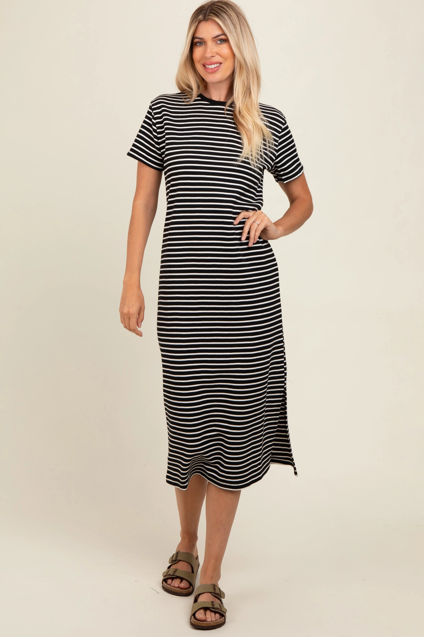 PinkBlush Black Striped Short Sleeve Maternity T-Shirt Midi Dress - 