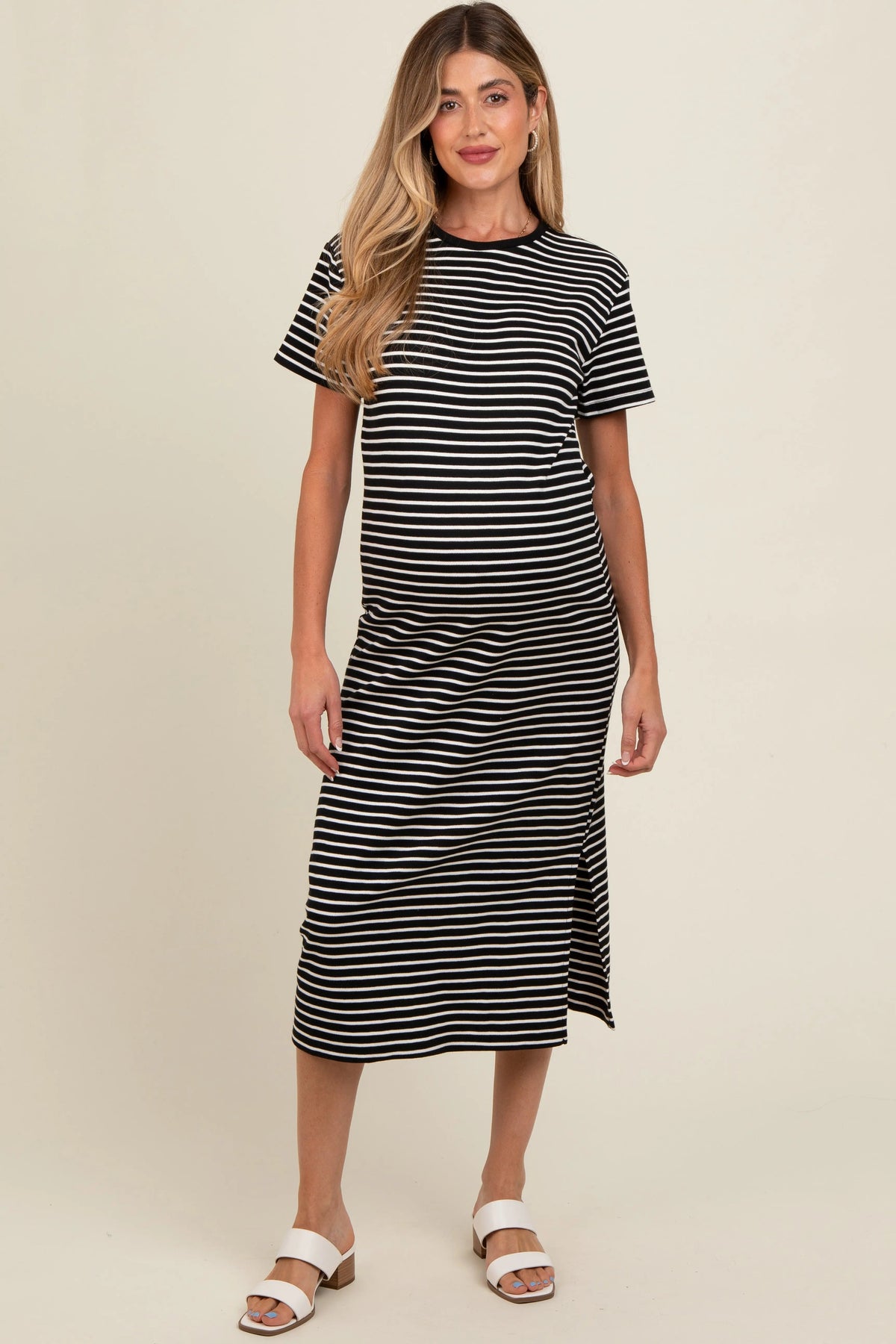 PinkBlush Black Striped Short Sleeve Maternity T-Shirt Midi Dress - 