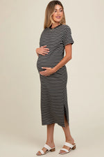 PinkBlush Black Striped Short Sleeve Maternity T-Shirt Midi Dress - 