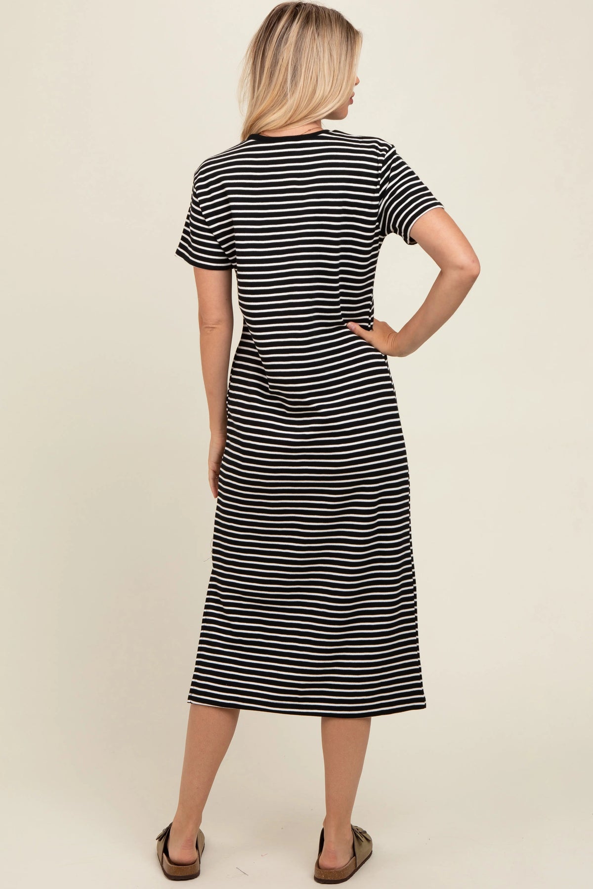 PinkBlush Black Striped Short Sleeve T-Shirt Midi Dress - 