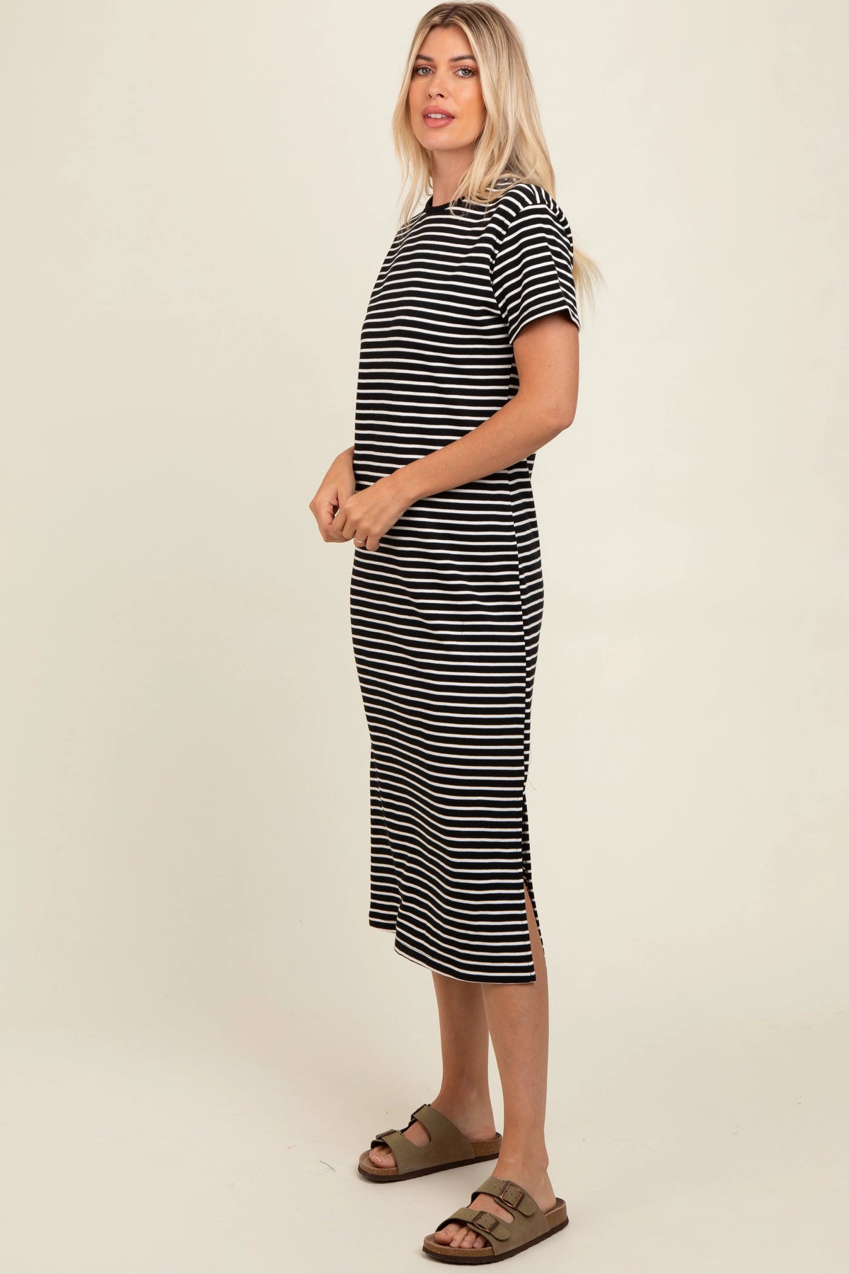 PinkBlush Black Striped Short Sleeve T-Shirt Midi Dress - 