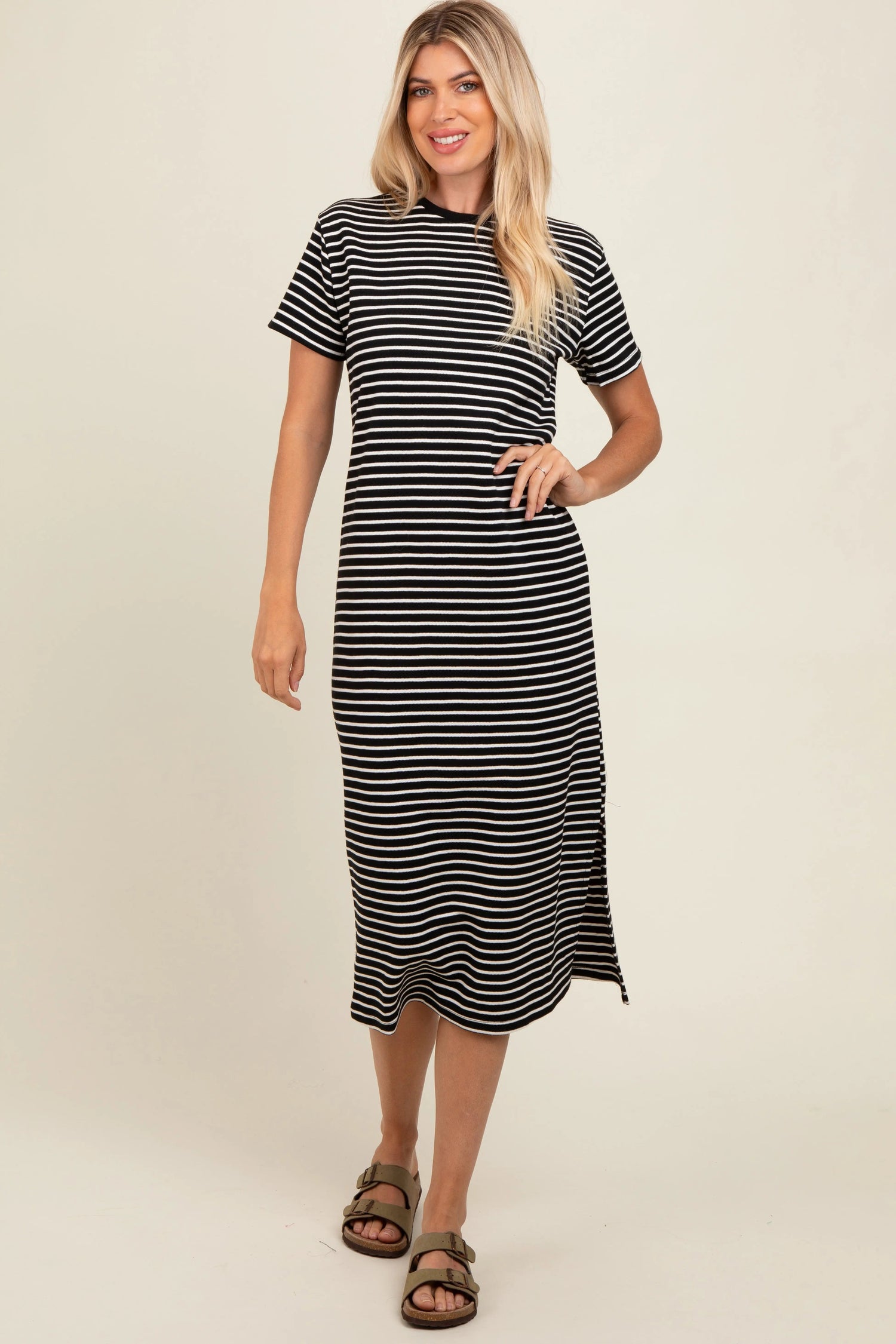 PinkBlush Black Striped Short Sleeve T-Shirt Midi Dress - 