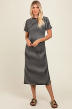 PinkBlush Black Striped Short Sleeve T-Shirt Midi Dress - 
