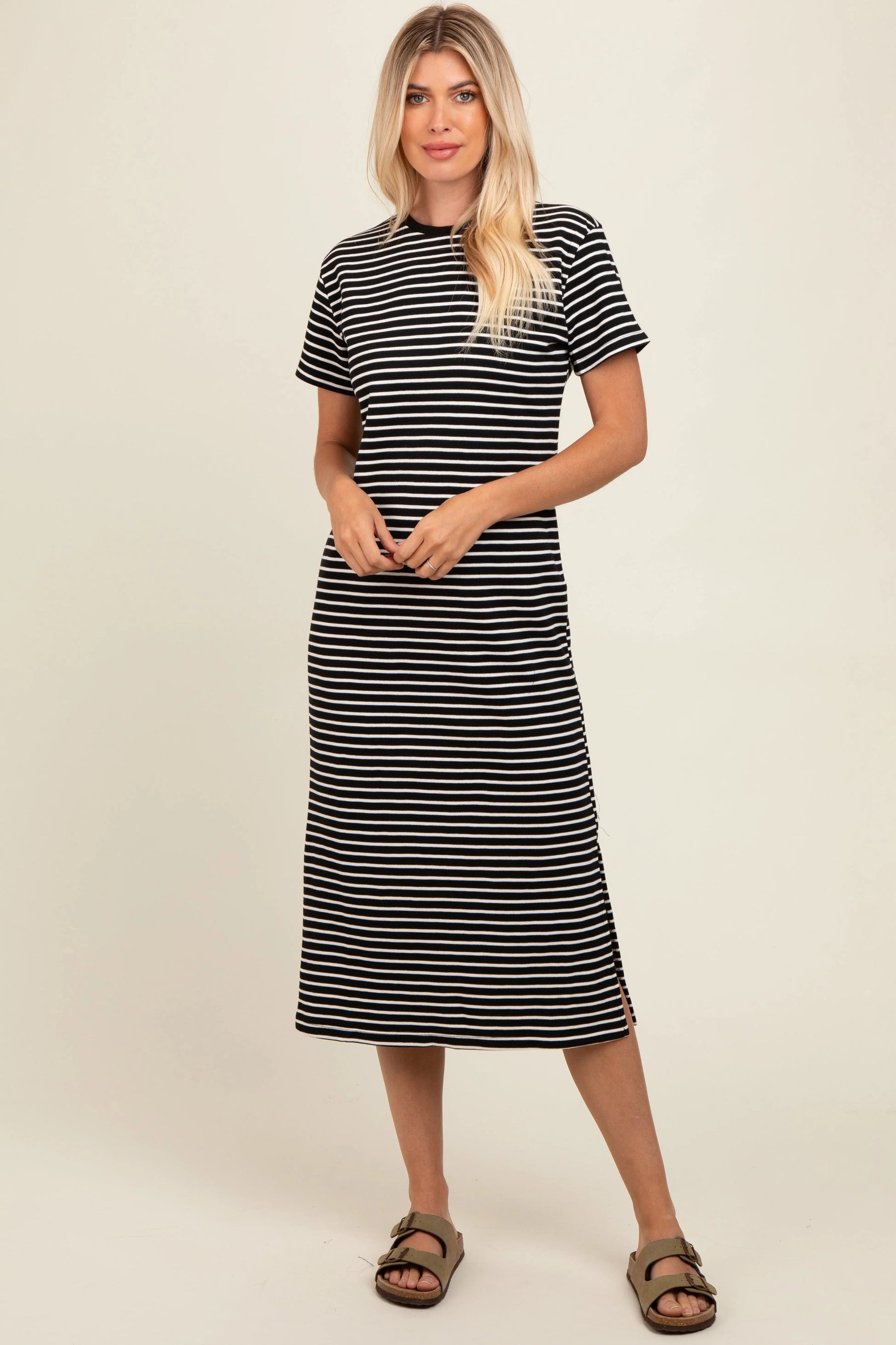 PinkBlush Black Striped Short Sleeve T-Shirt Midi Dress - 