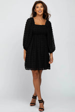 PinkBlush Black Textured Dot Smocked Square Neck Chiffon Dress - 