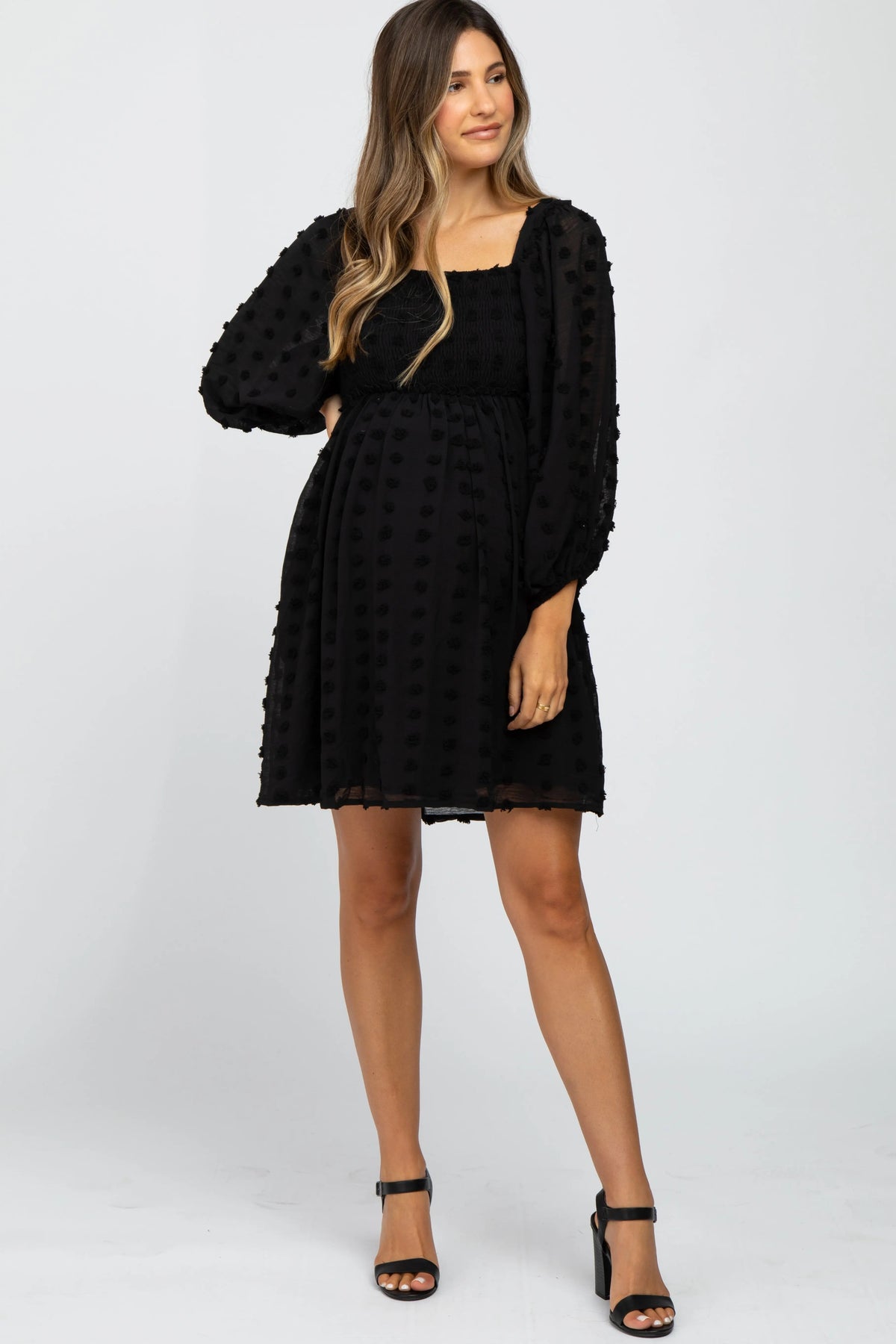 Black Textured Dot Smocked Square Neck Chiffon Maternity Dress - Sleeve, Shoulder, Dress, Textile, Fashion | Everetts Place