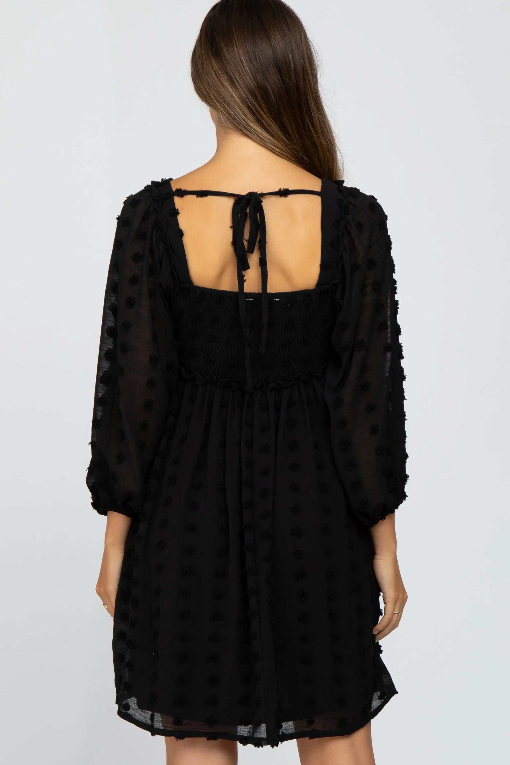 PinkBlush Black Textured Dot Smocked Square Neck Chiffon Maternity Dress - 