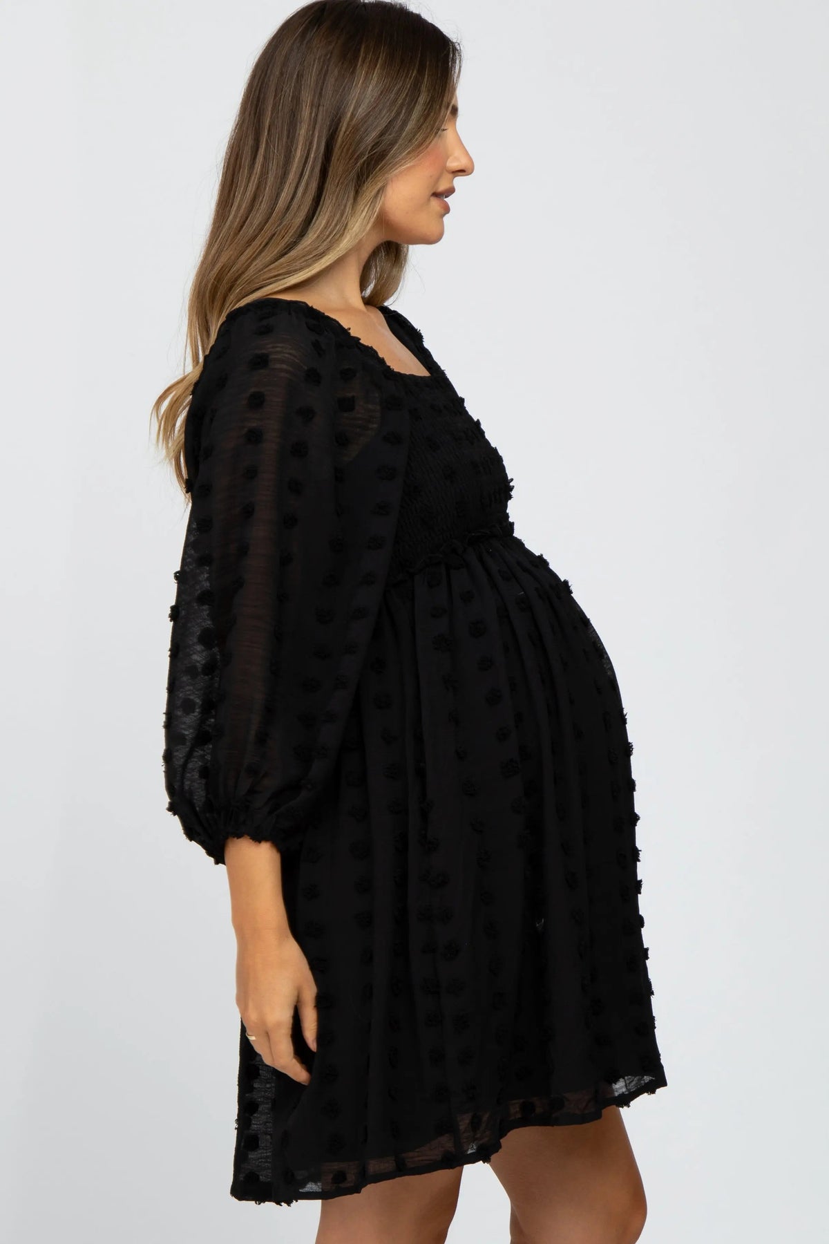 PinkBlush Black Textured Dot Smocked Square Neck Chiffon Maternity Dress - 