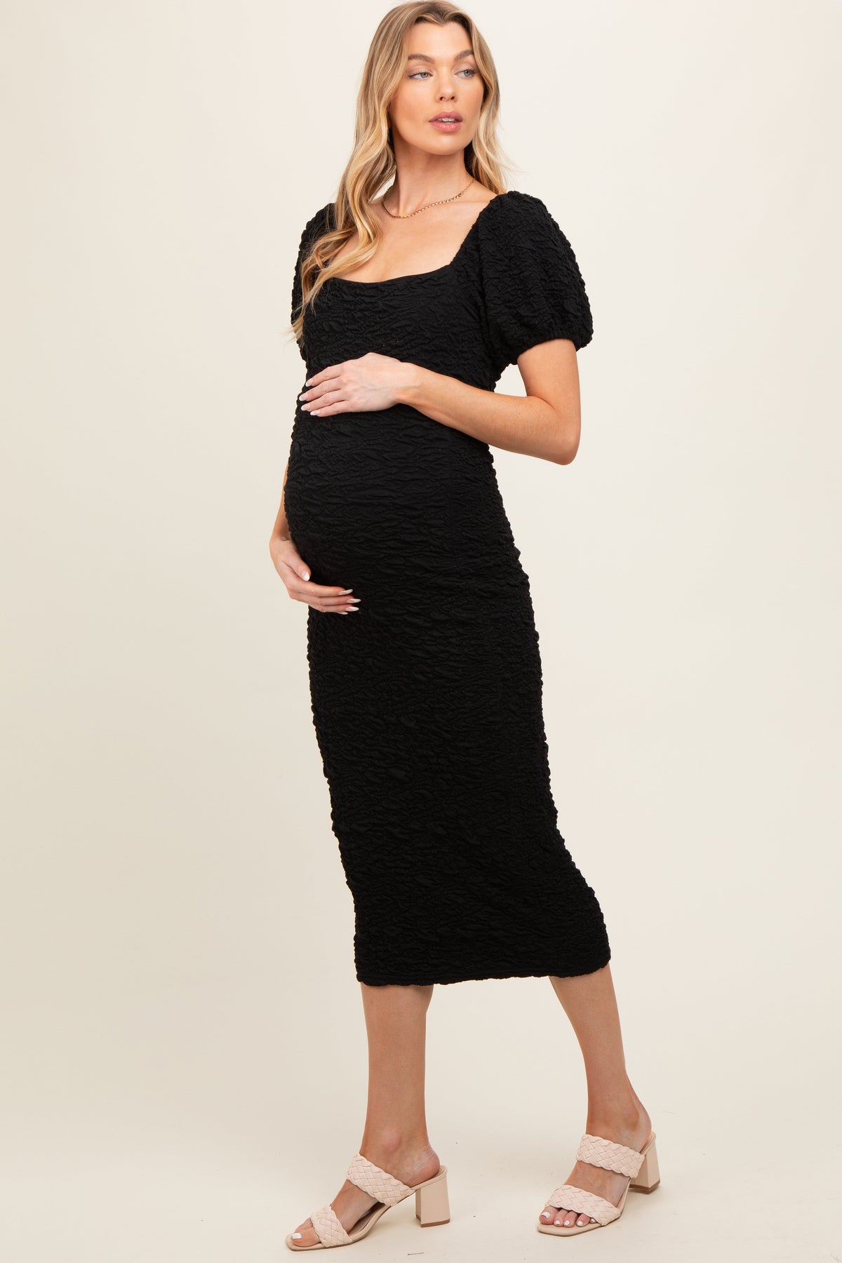PinkBlush Black Textured Square Neck Puff Sleeve Maternity Midi DressEveretts Place