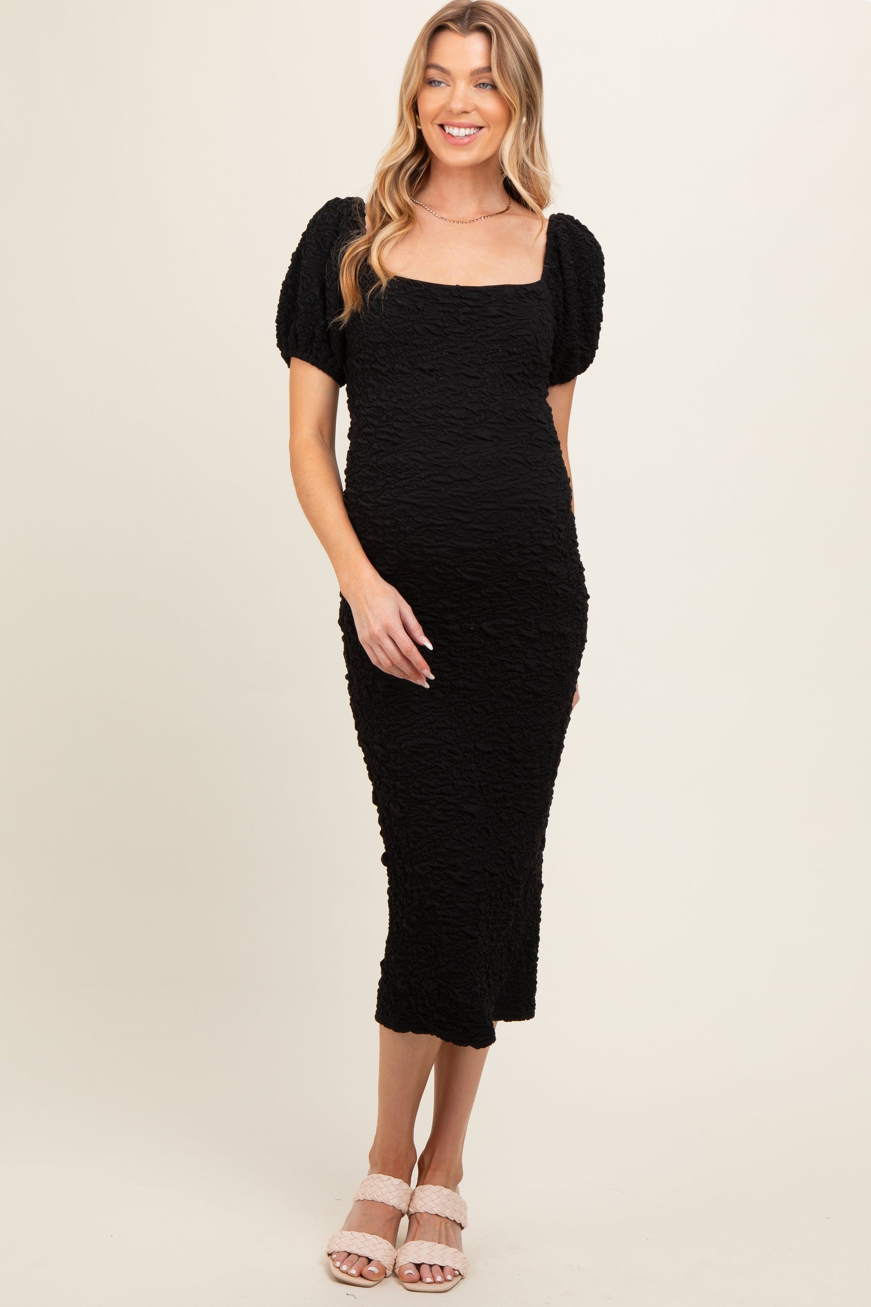 PinkBlush Black Textured Square Neck Puff Sleeve Maternity Midi DressEveretts Place