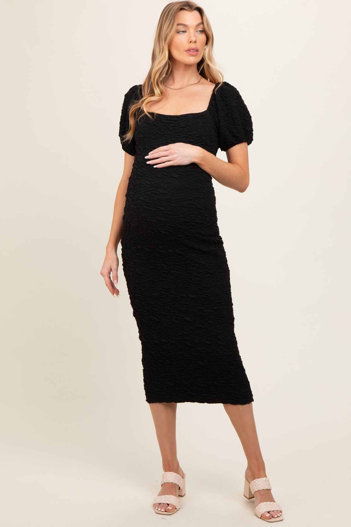 PinkBlush Black Textured Square Neck Puff Sleeve Maternity Midi DressEveretts Place