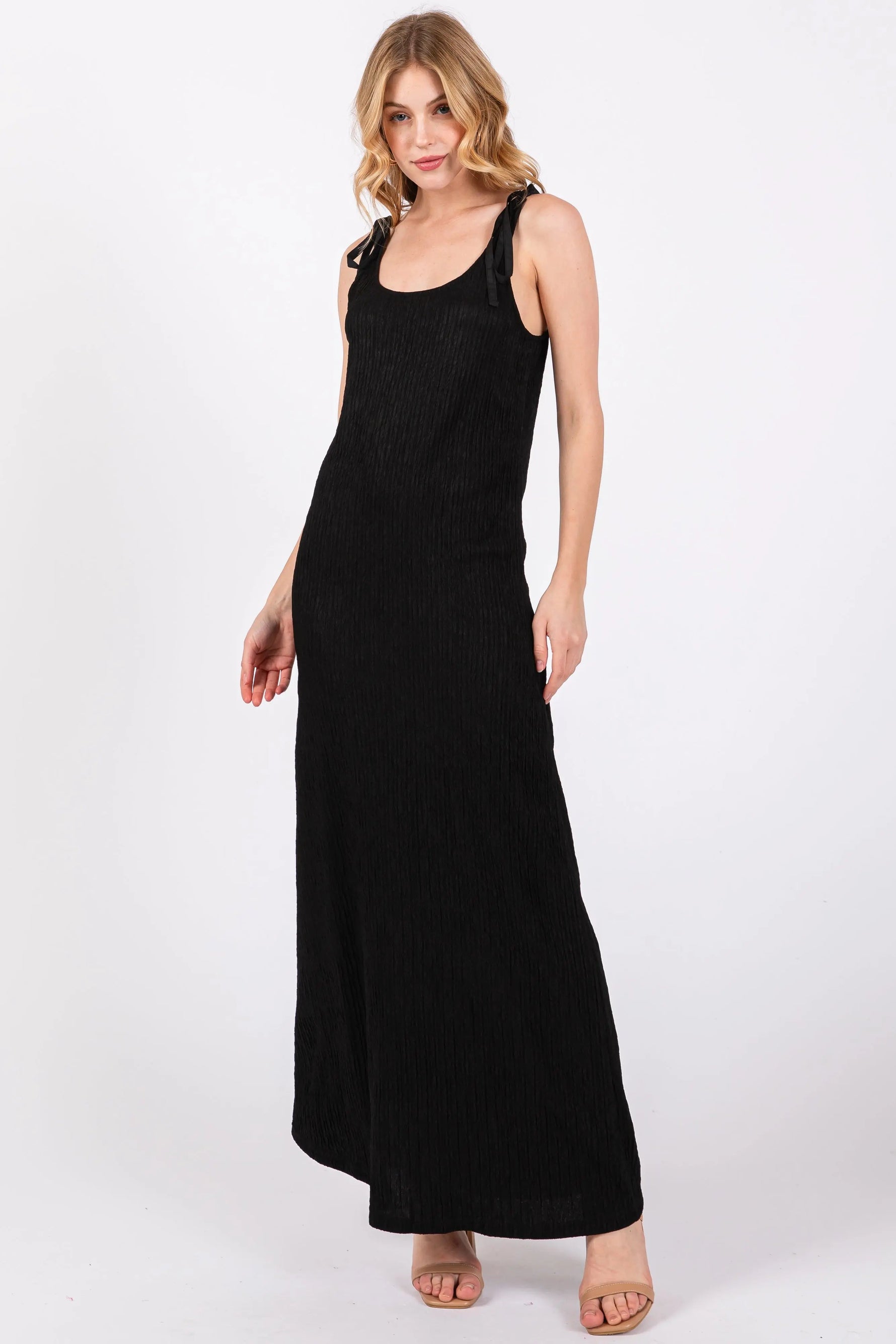 PinkBlush Black Textured Tie Strap Midi Dress - 
