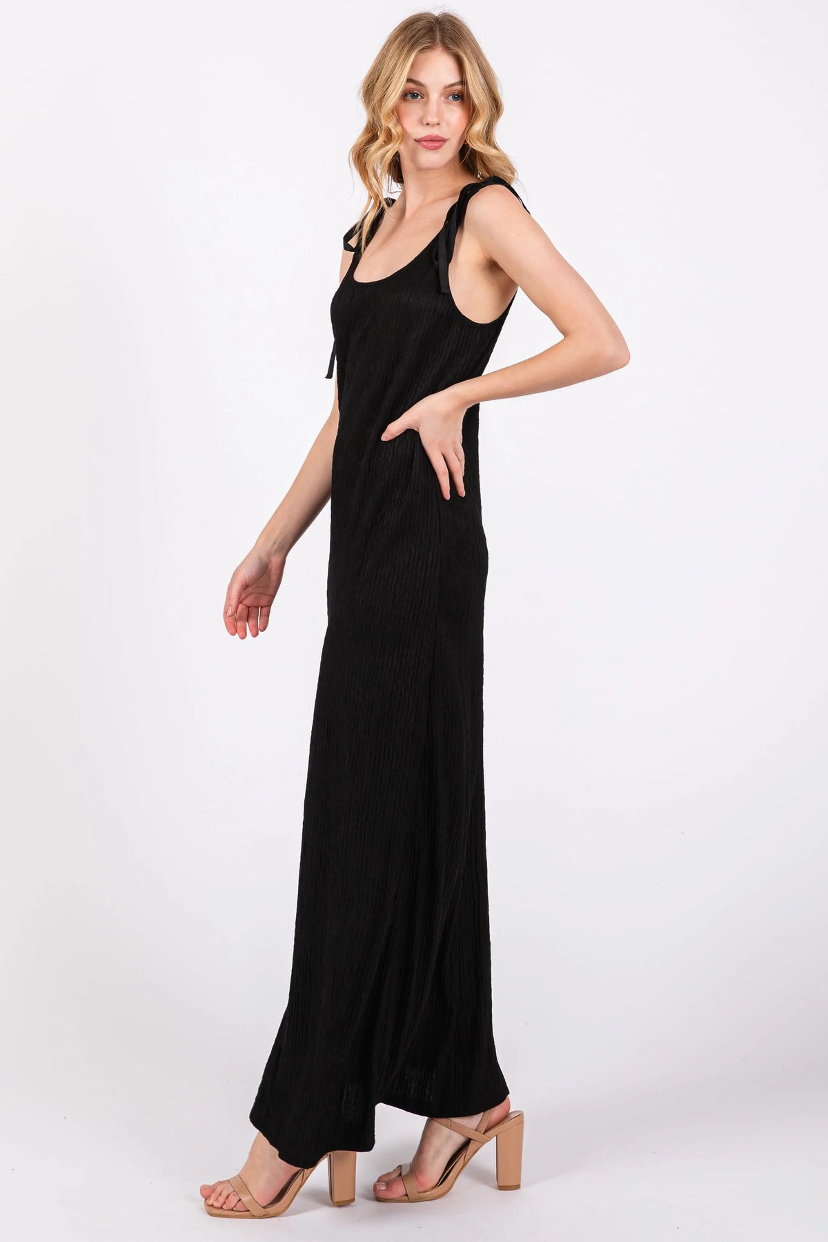 PinkBlush Black Textured Tie Strap Midi Dress - 