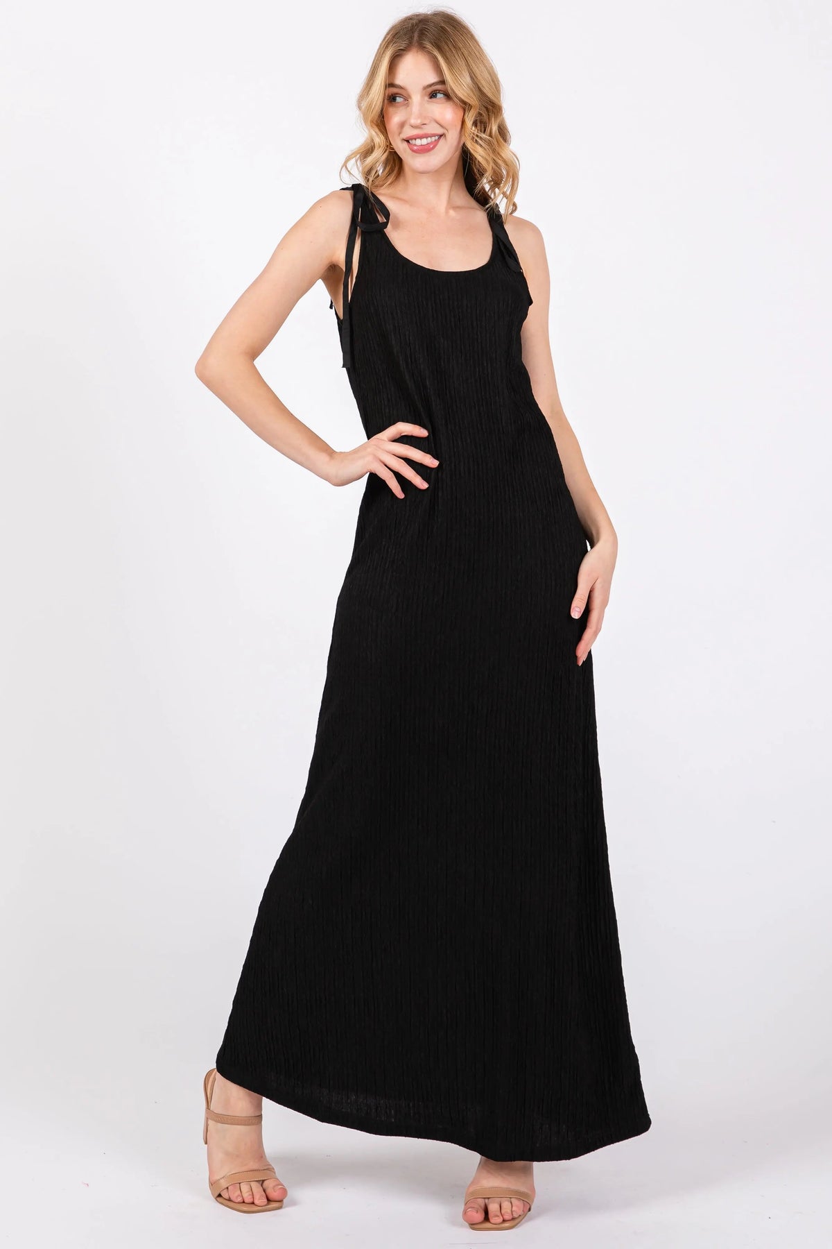 PinkBlush Black Textured Tie Strap Midi Dress - 