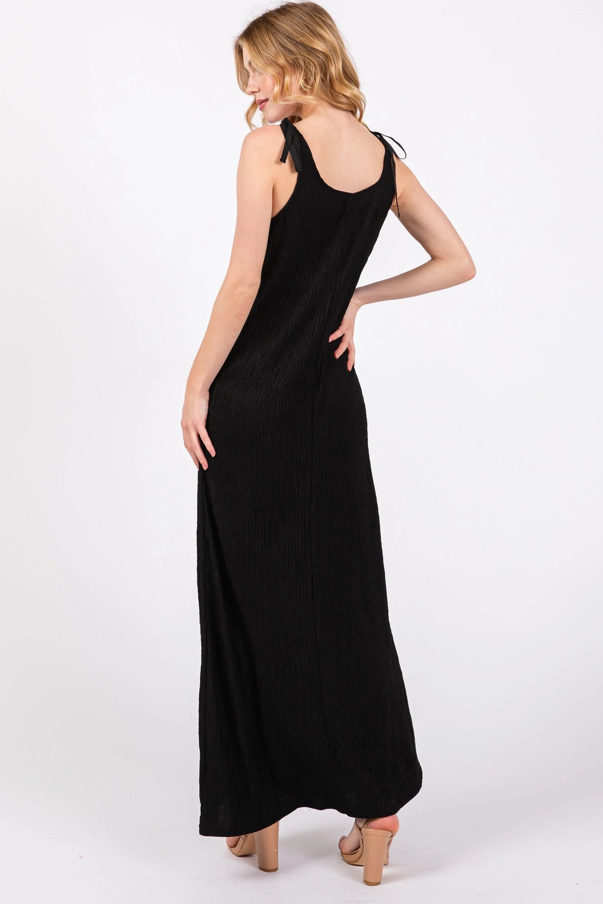 PinkBlush Black Textured Tie Strap Midi Dress - 