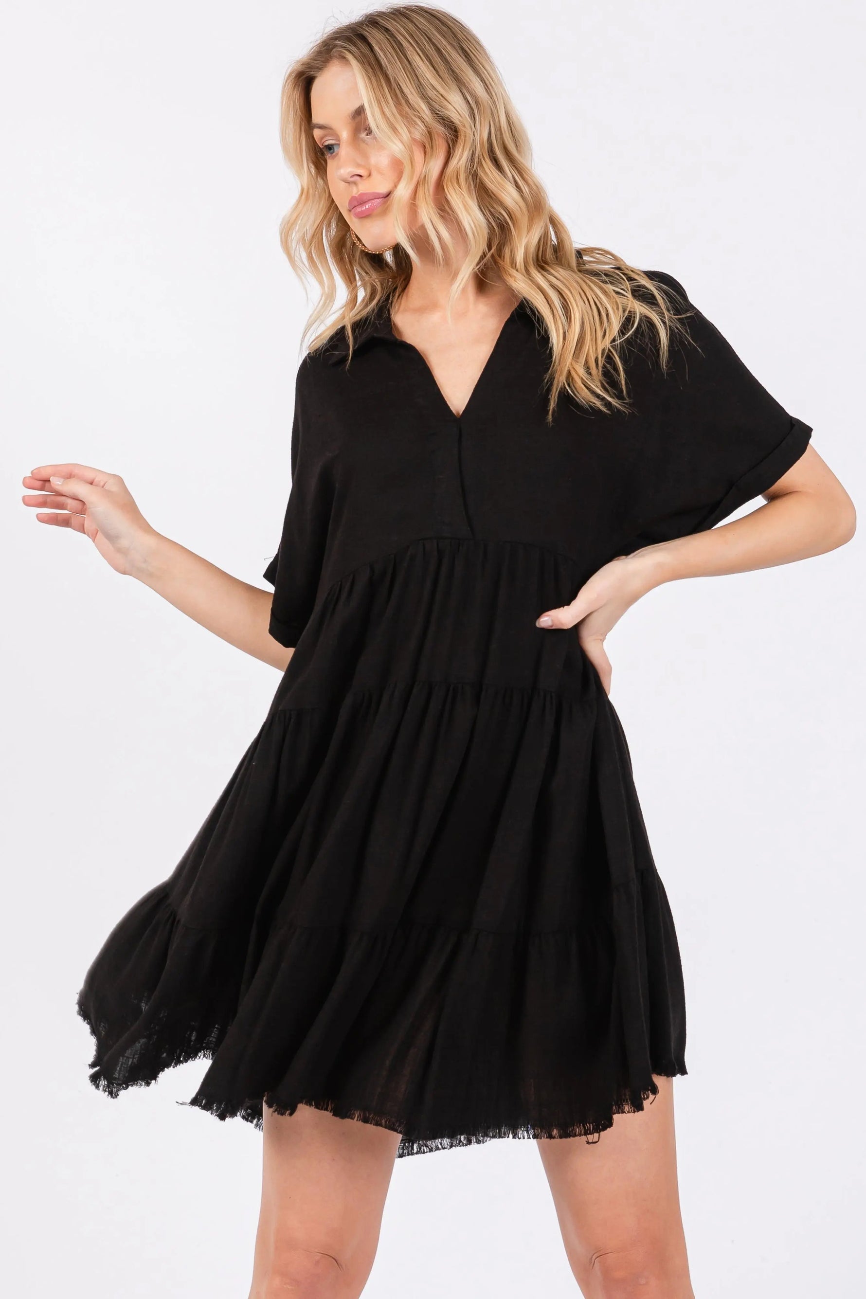 PinkBlush Black Tiered Linen Maternity Dress - 