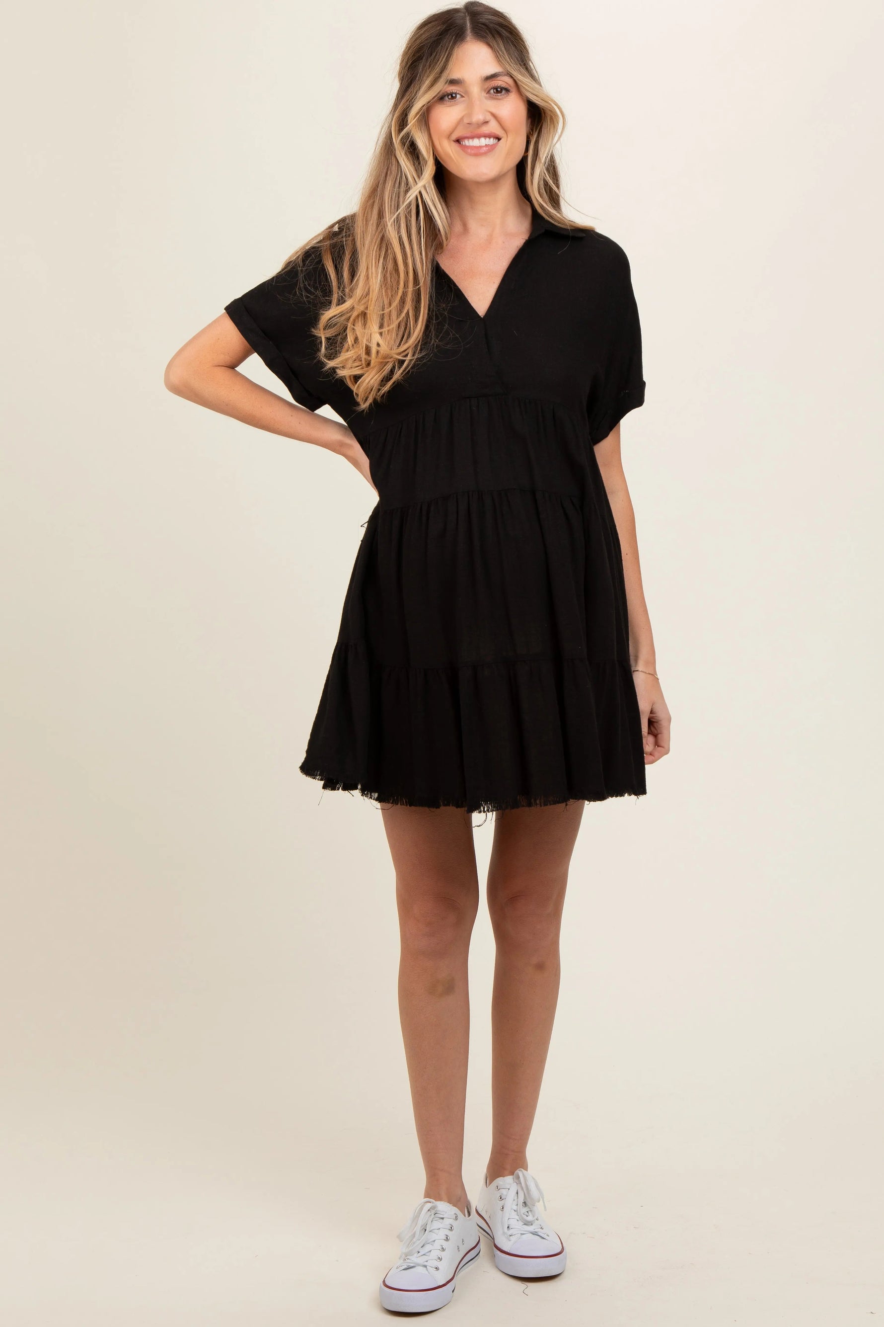 PinkBlush Black Tiered Linen Maternity Dress - 