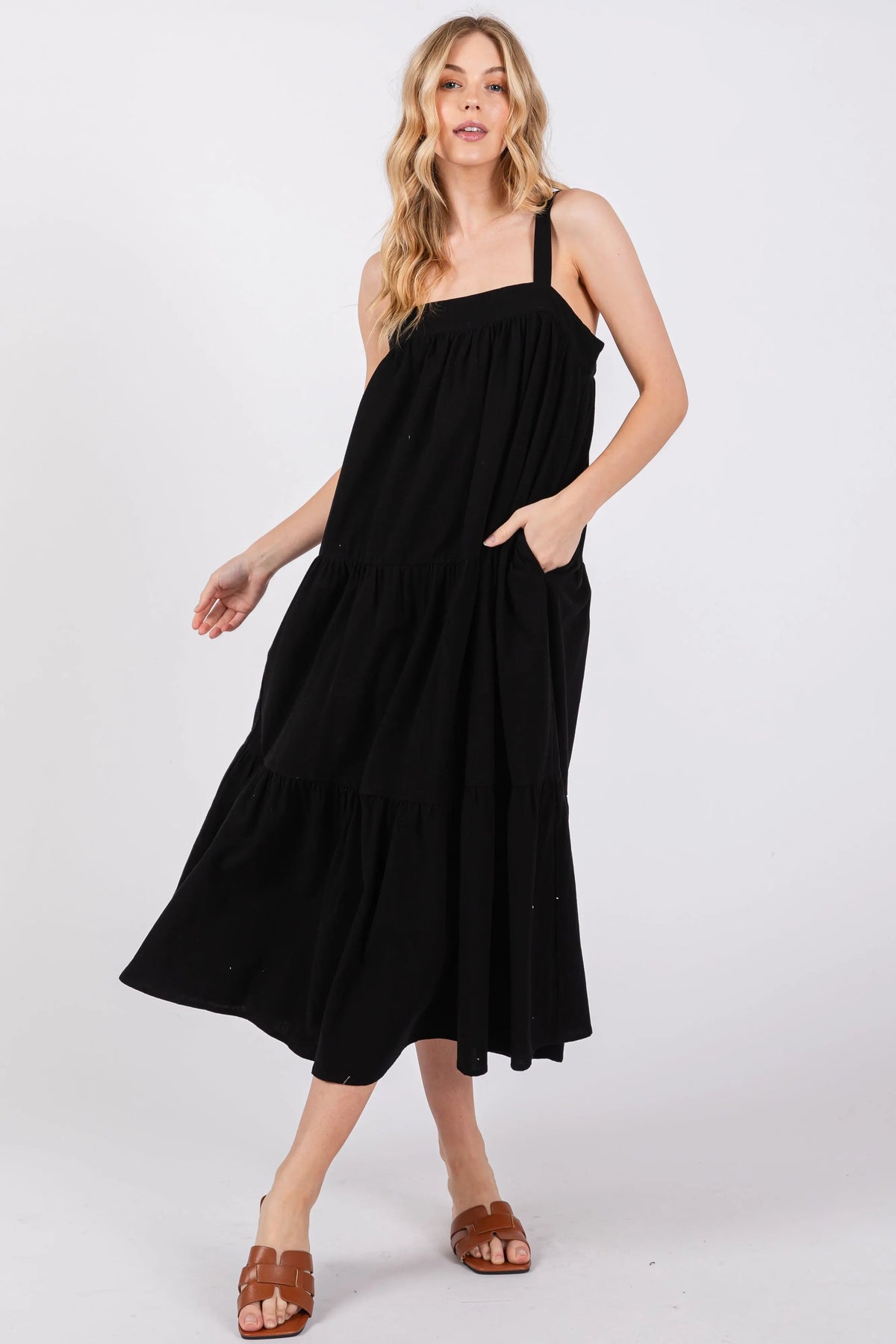 Black Tiered Midi Dress - Day Dress, One-piece garment, Dress, Person, Sandal | Everetts Place
