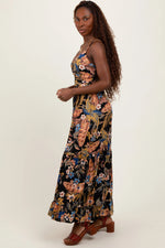 PinkBlush Black Tropical Print Twist Front Cutout Maxi Dress - 