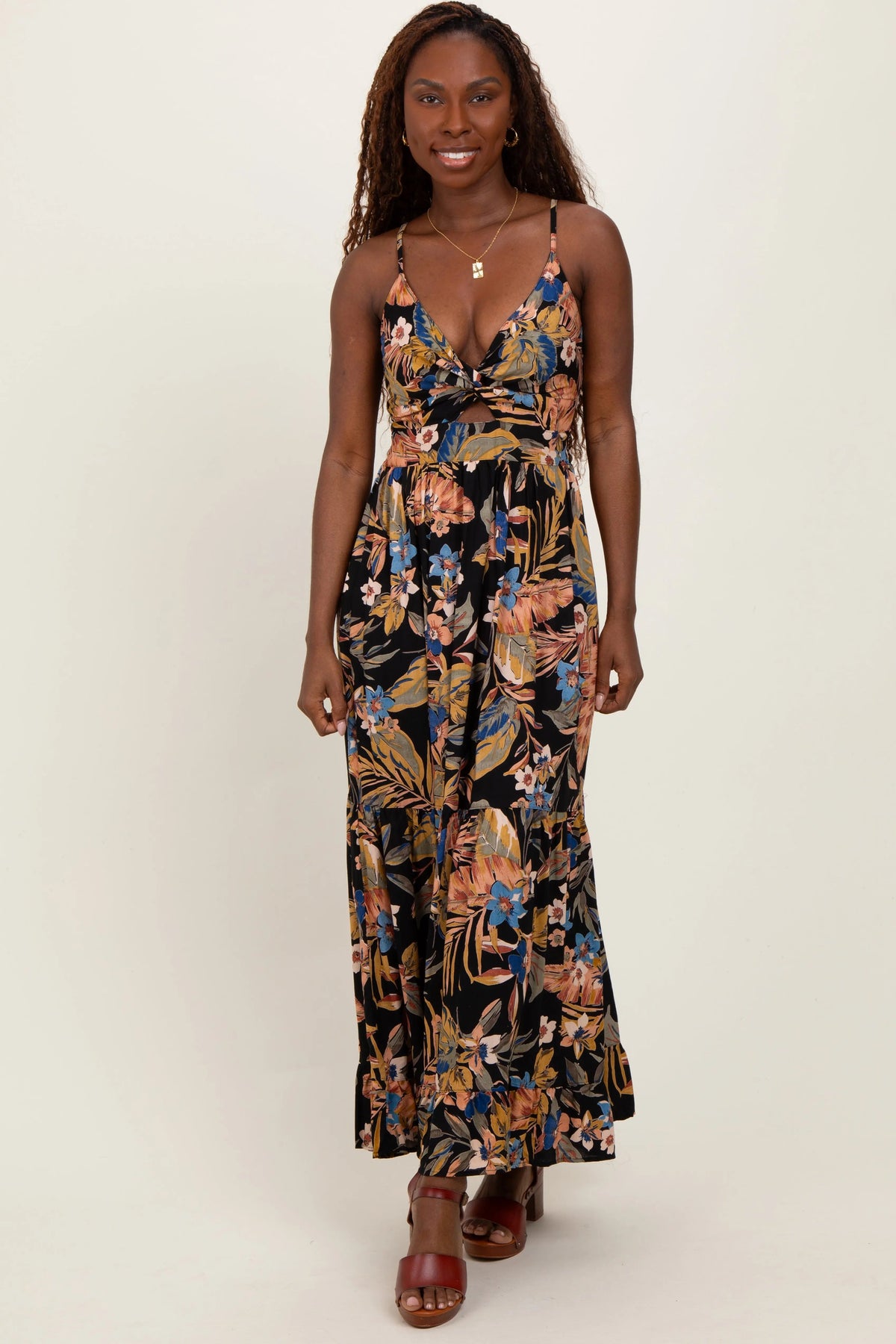 PinkBlush Black Tropical Print Twist Front Cutout Maxi Dress - 