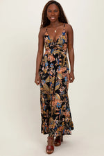 PinkBlush Black Tropical Print Twist Front Cutout Maxi Dress - 