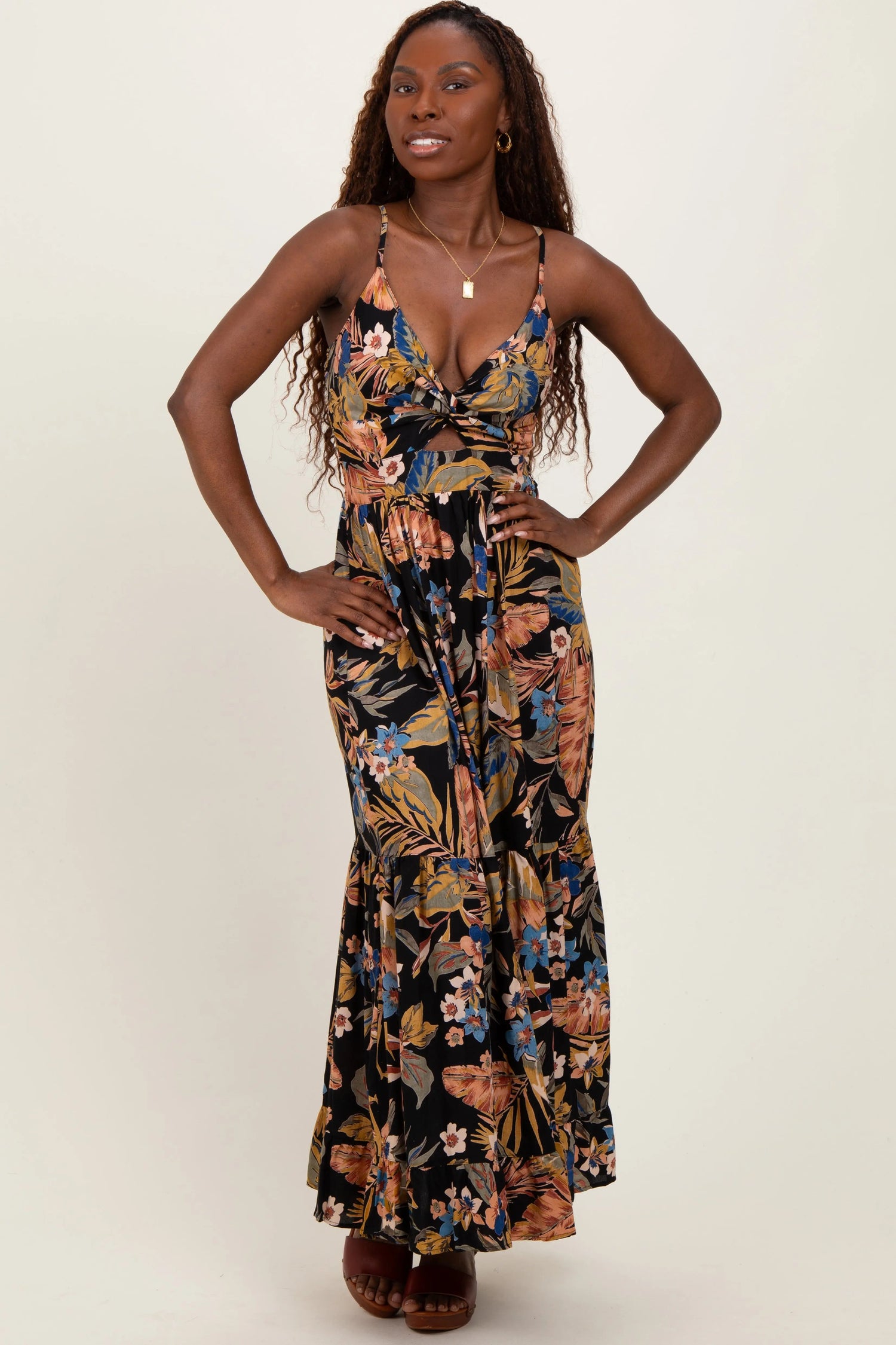 PinkBlush Black Tropical Print Twist Front Cutout Maxi Dress - 
