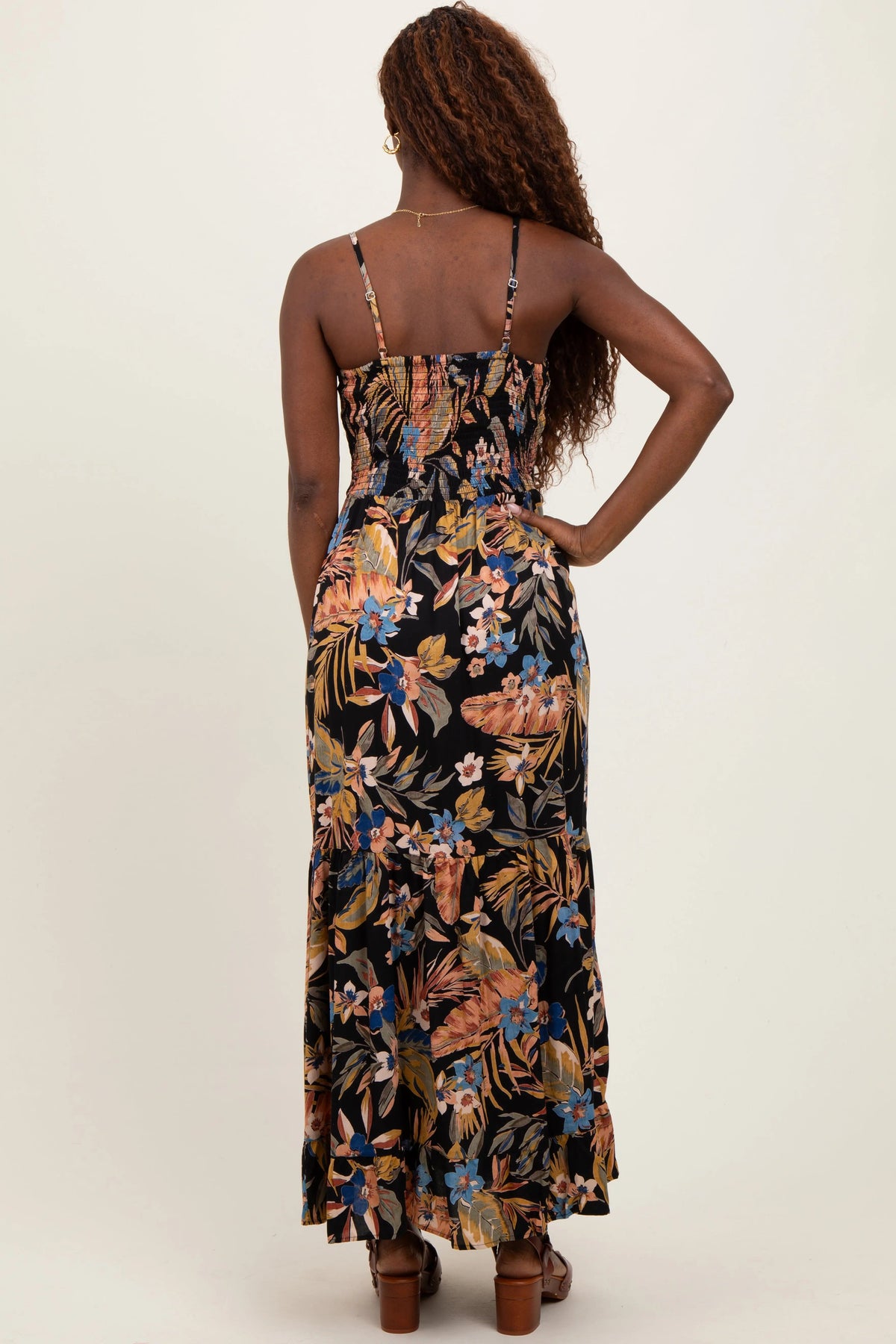 PinkBlush Black Tropical Print Twist Front Cutout Maxi Dress - 