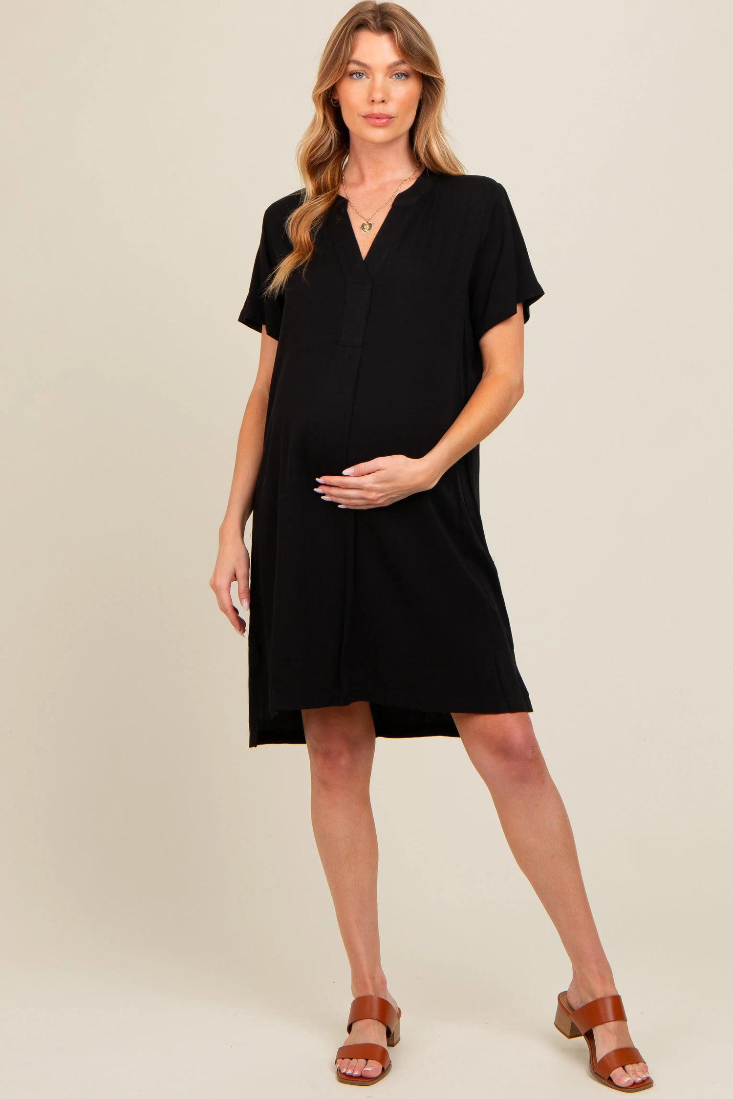 PinkBlush Black V - Neck Basic Maternity Shirt Dress - 