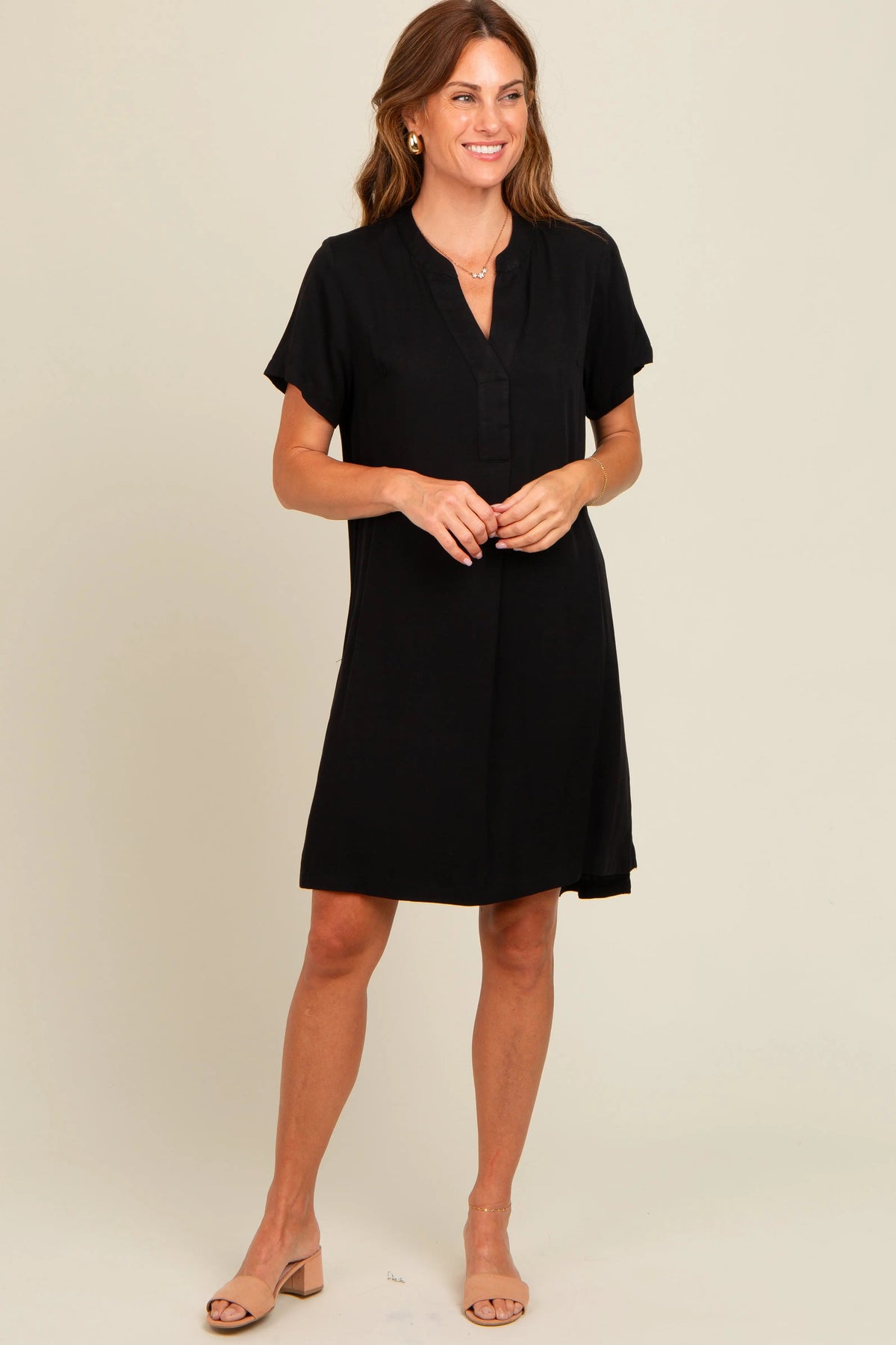 PinkBlush Black V - Neck Basic Shirt Dress - 