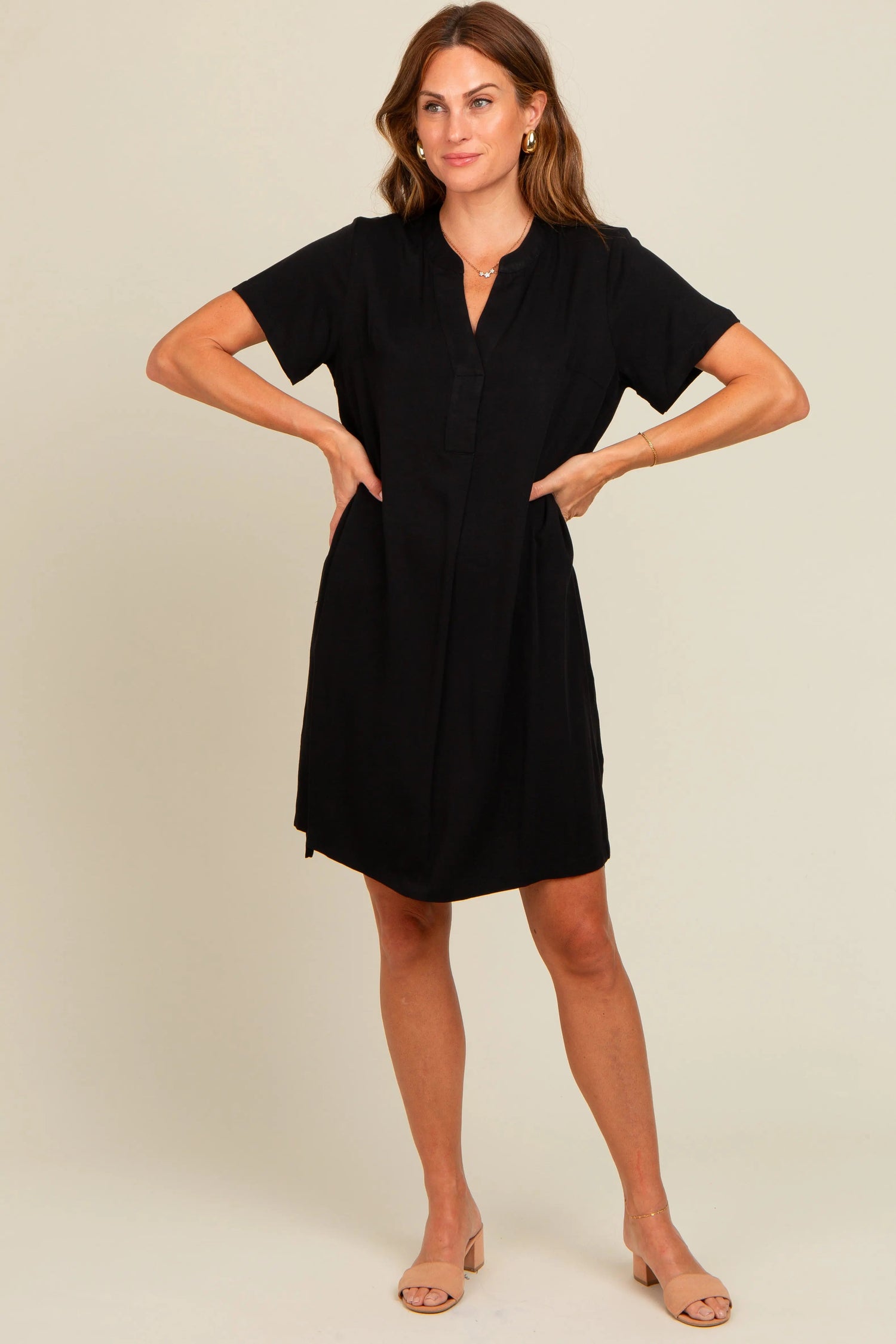 Black V-Neck Basic Shirt Dress - Collar, Waist, Knee, Day Dress, One-piece garment | Everetts Place