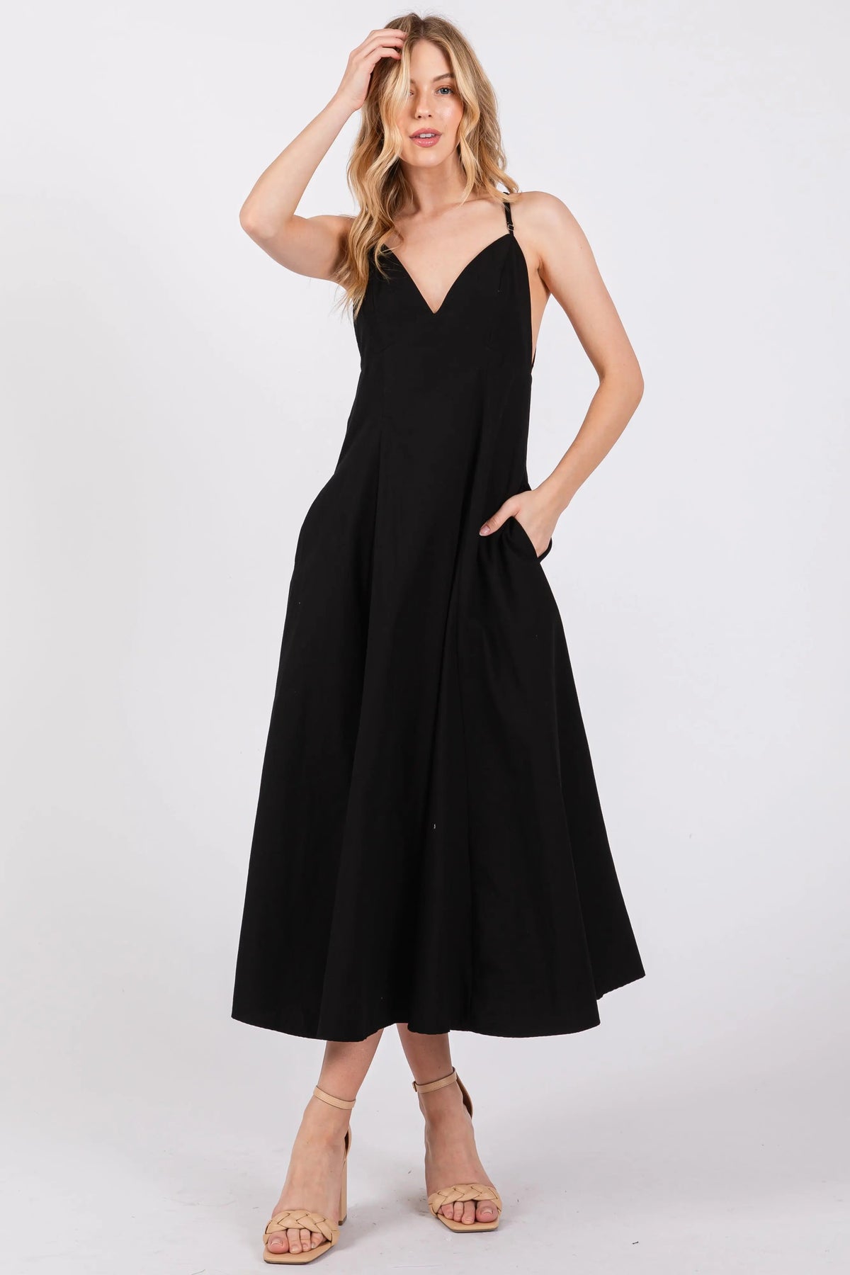 Black V-Neck Maxi Dress - Day Dress, Person, Sandal, High heels, Shoe | Everetts Place