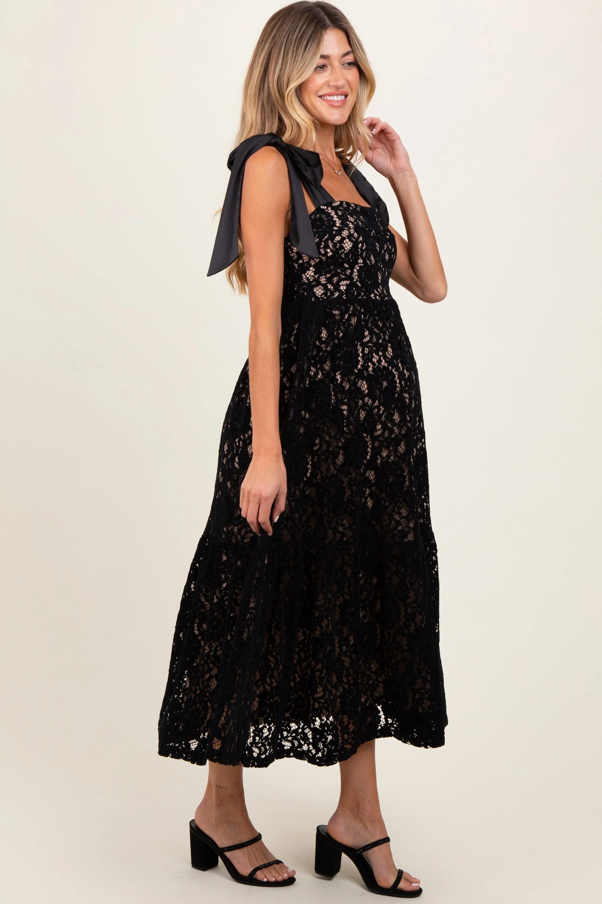 PinkBlush Black Velvet Lace Shoulder Bow Maternity Maxi Dress - 