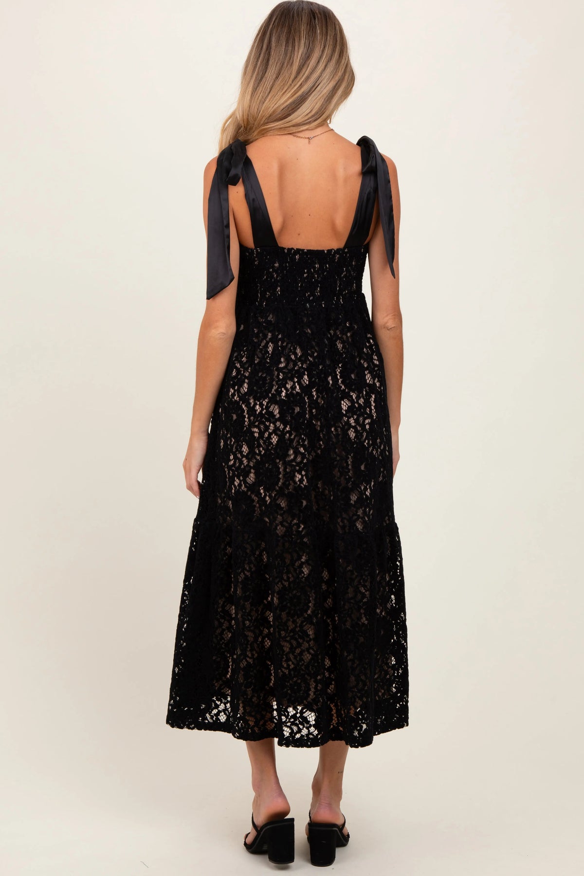 PinkBlush Black Velvet Lace Shoulder Bow Maternity Maxi Dress - 