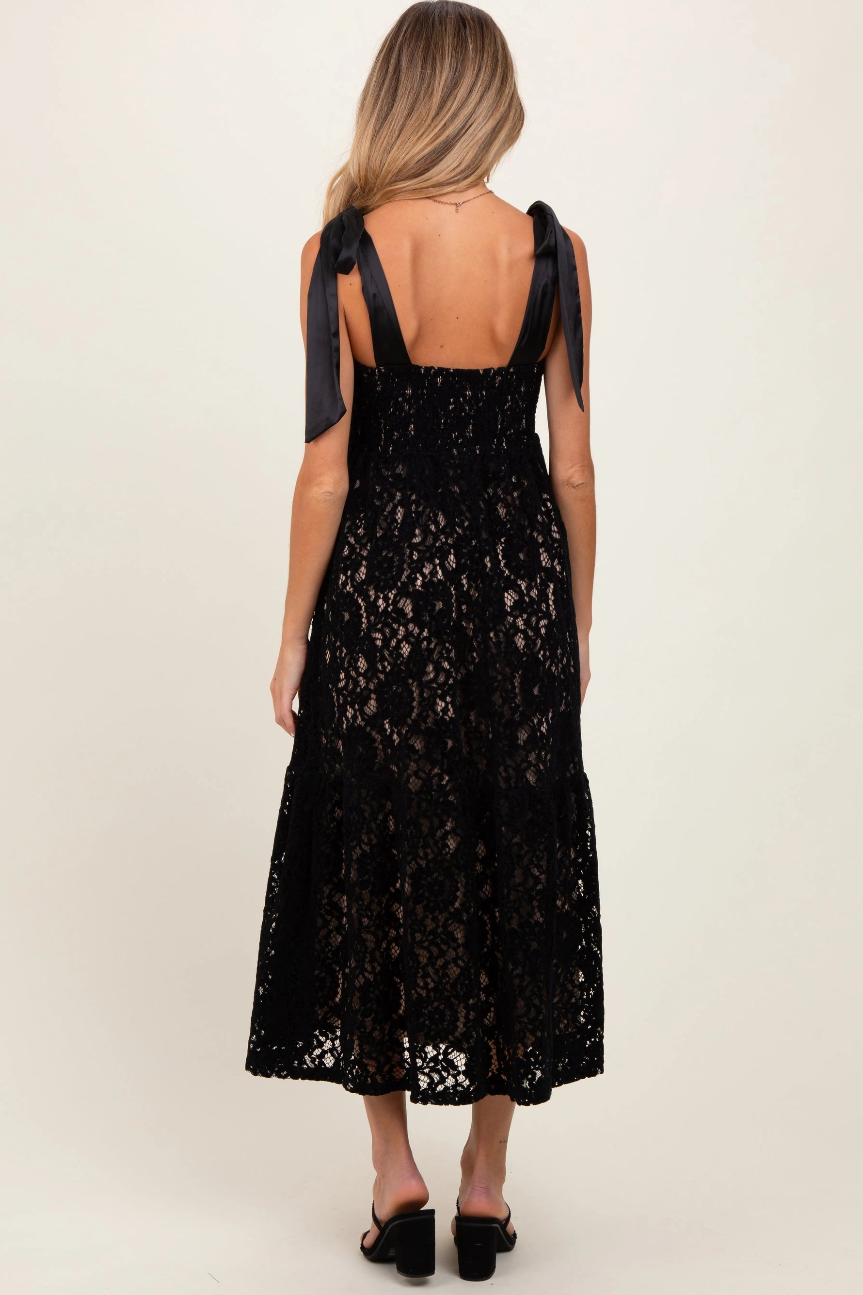 PinkBlush Black Velvet Lace Shoulder Bow Maternity Maxi Dress - 
