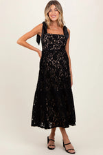 PinkBlush Black Velvet Lace Shoulder Bow Maternity Maxi Dress - 