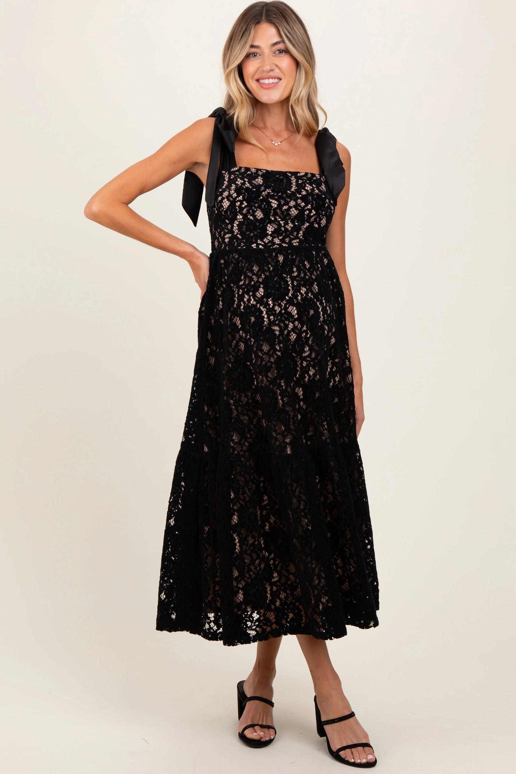 PinkBlush Black Velvet Lace Shoulder Bow Maternity Maxi Dress - 