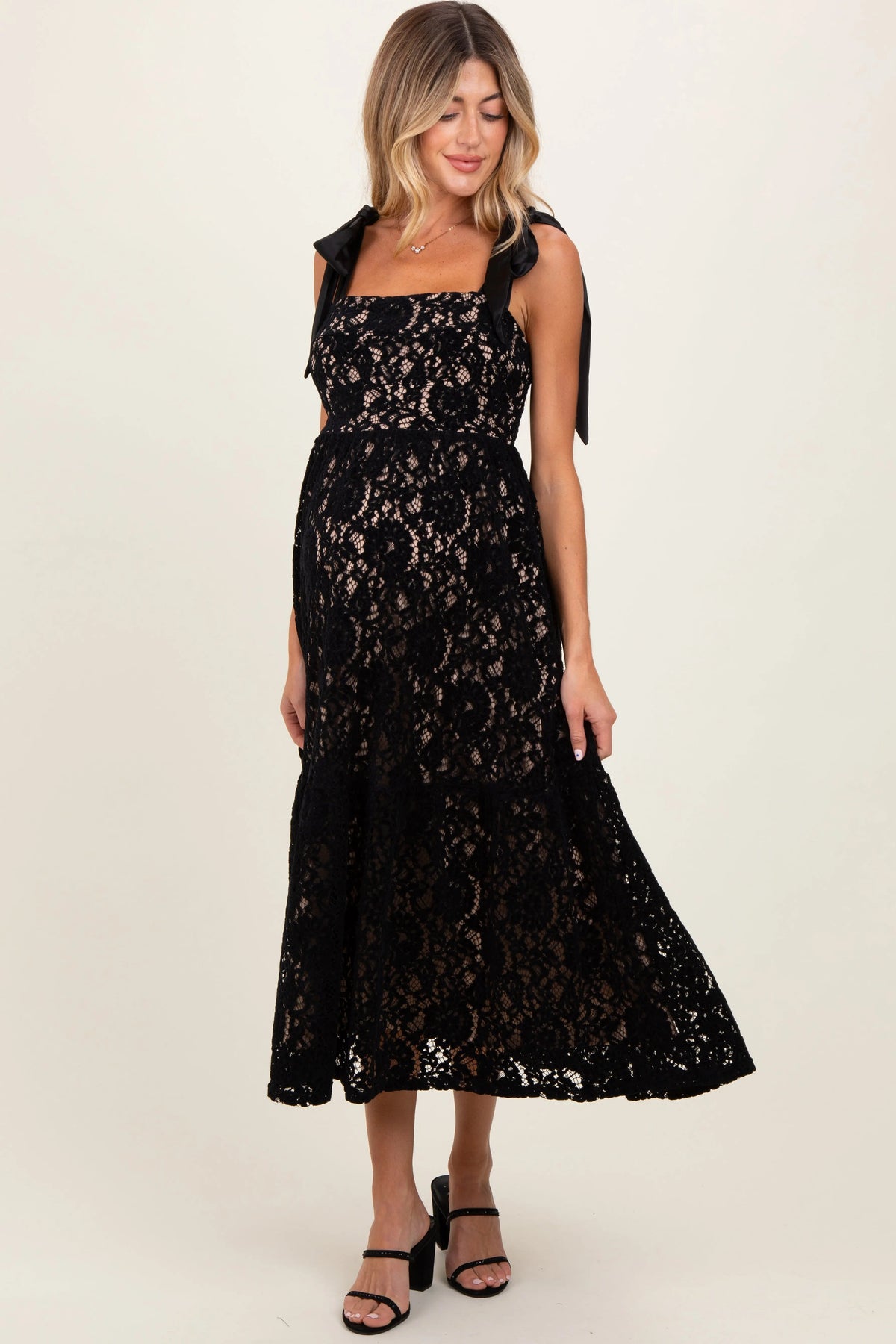 PinkBlush Black Velvet Lace Shoulder Bow Maternity Maxi Dress - 