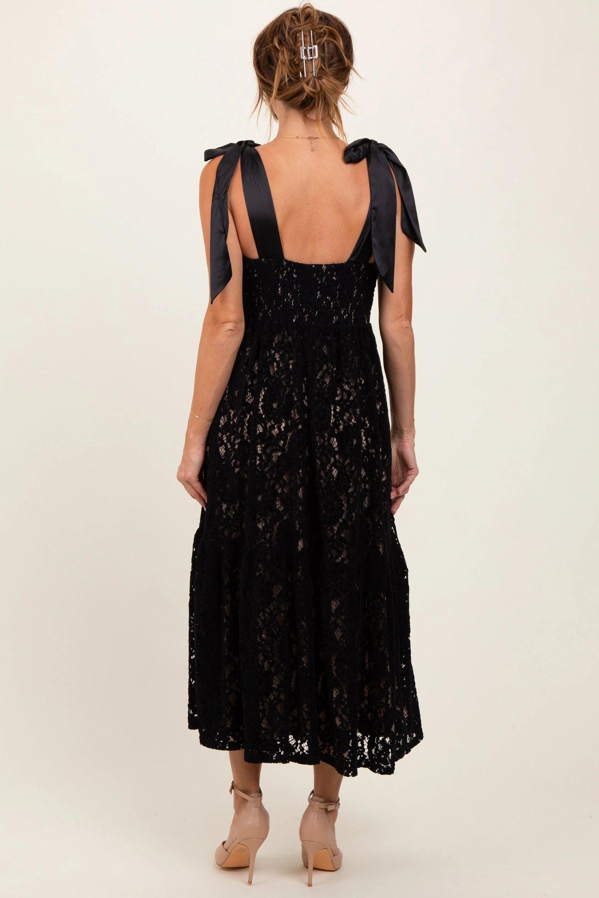 PinkBlush Black Velvet Lace Shoulder Bow Maxi Dress - 