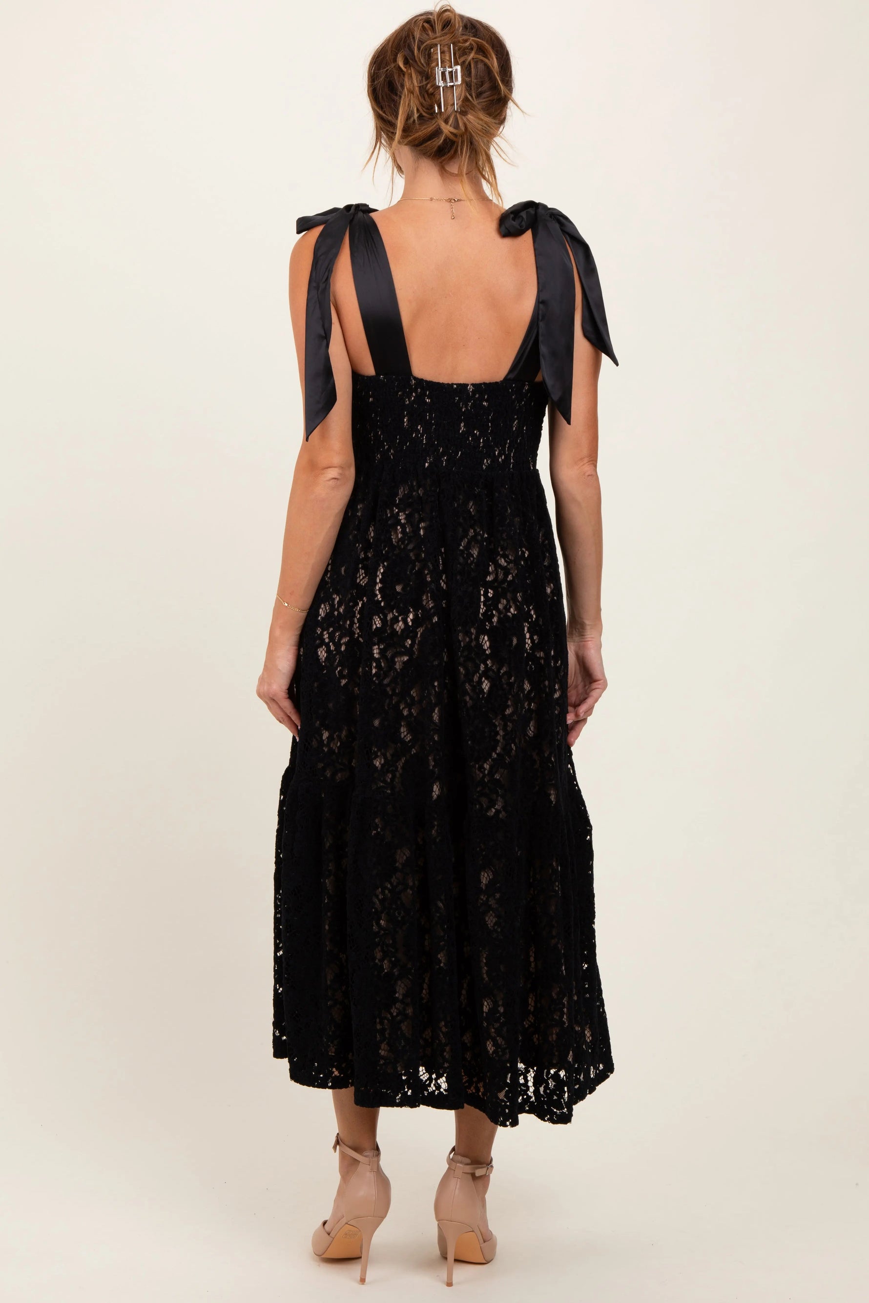 PinkBlush Black Velvet Lace Shoulder Bow Maxi Dress - 