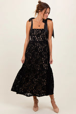 PinkBlush Black Velvet Lace Shoulder Bow Maxi Dress - 