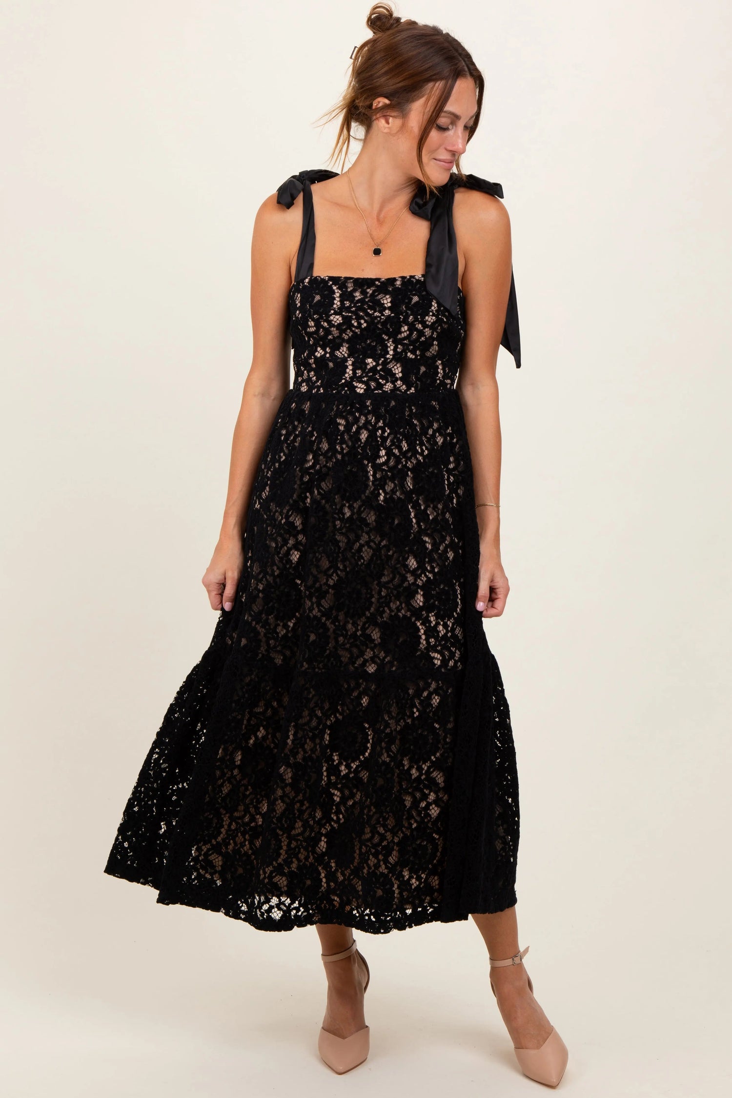 PinkBlush Black Velvet Lace Shoulder Bow Maxi Dress - 
