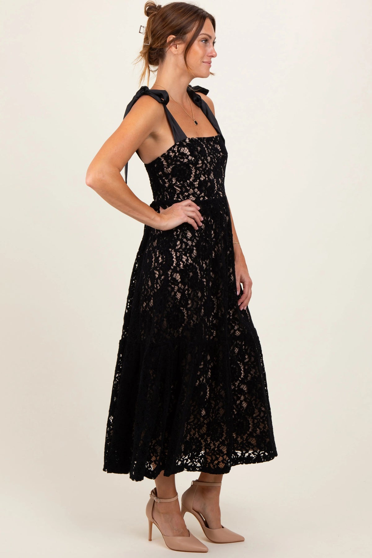 PinkBlush Black Velvet Lace Shoulder Bow Maxi Dress - 