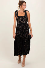 PinkBlush Black Velvet Lace Shoulder Bow Maxi Dress - 