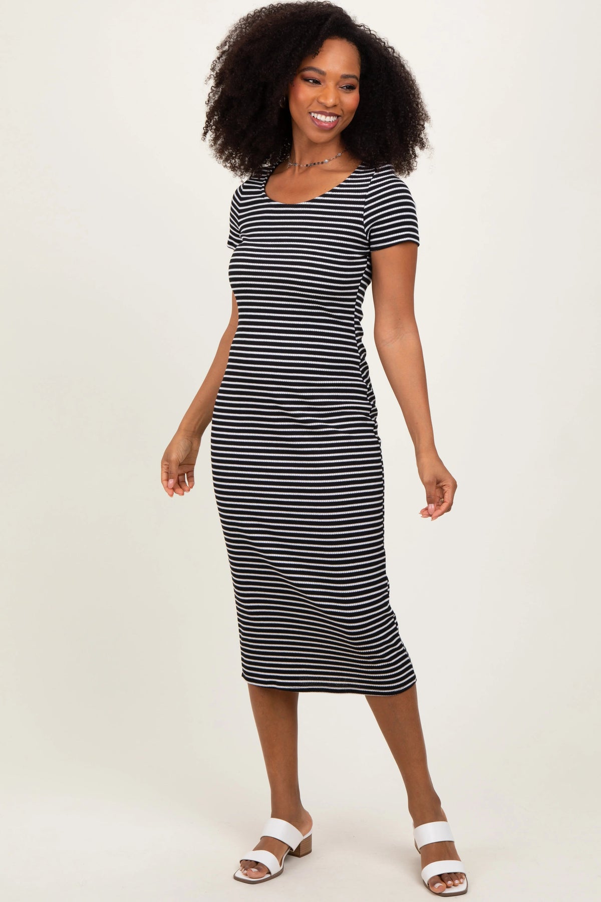 PinkBlush Black White Basic Stripe Rib Short Sleeve Dress - 
