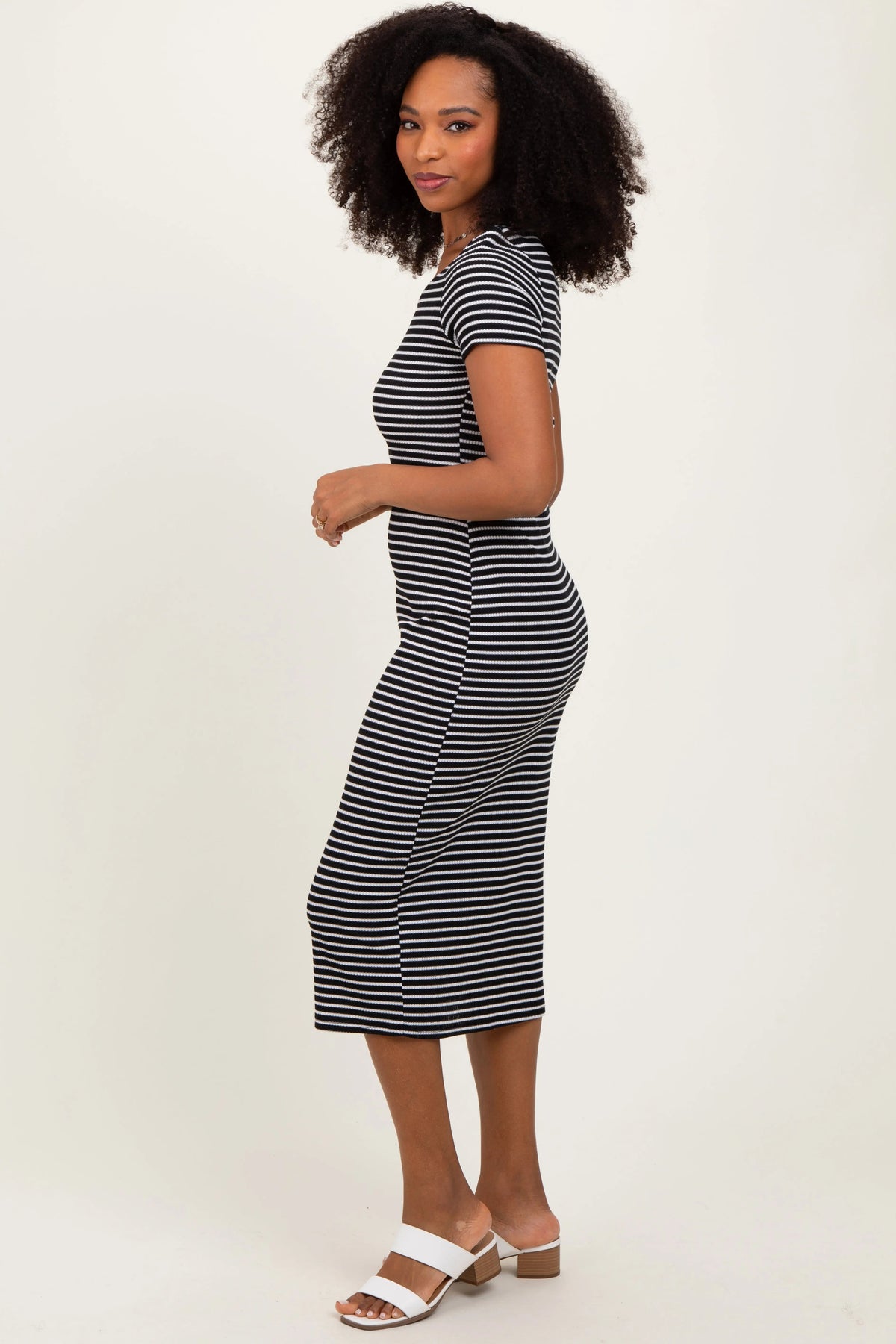 PinkBlush Black White Basic Stripe Rib Short Sleeve Dress - 