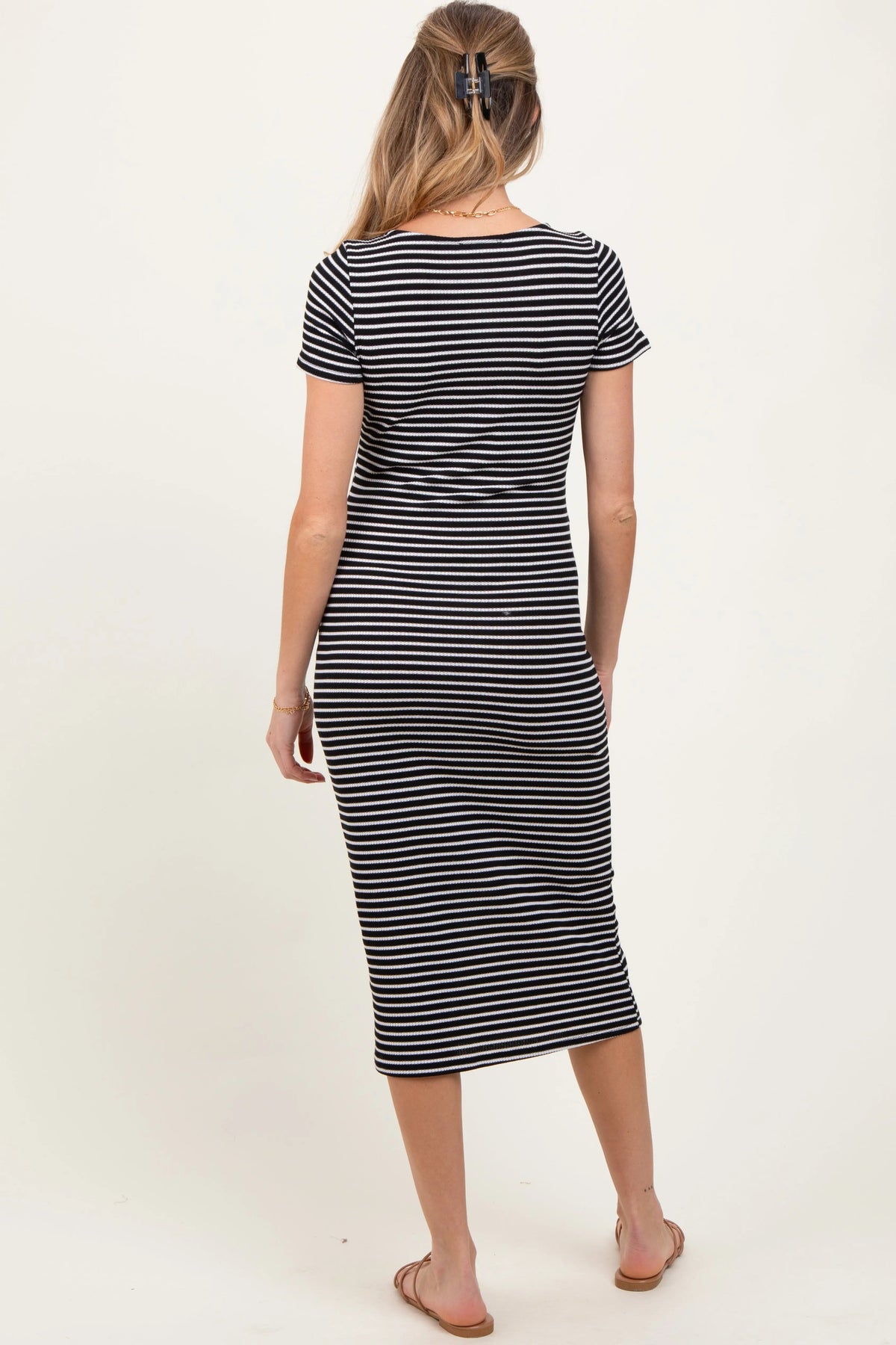PinkBlush Black White Basic Stripe Rib Short Sleeve Maternity Dress - 