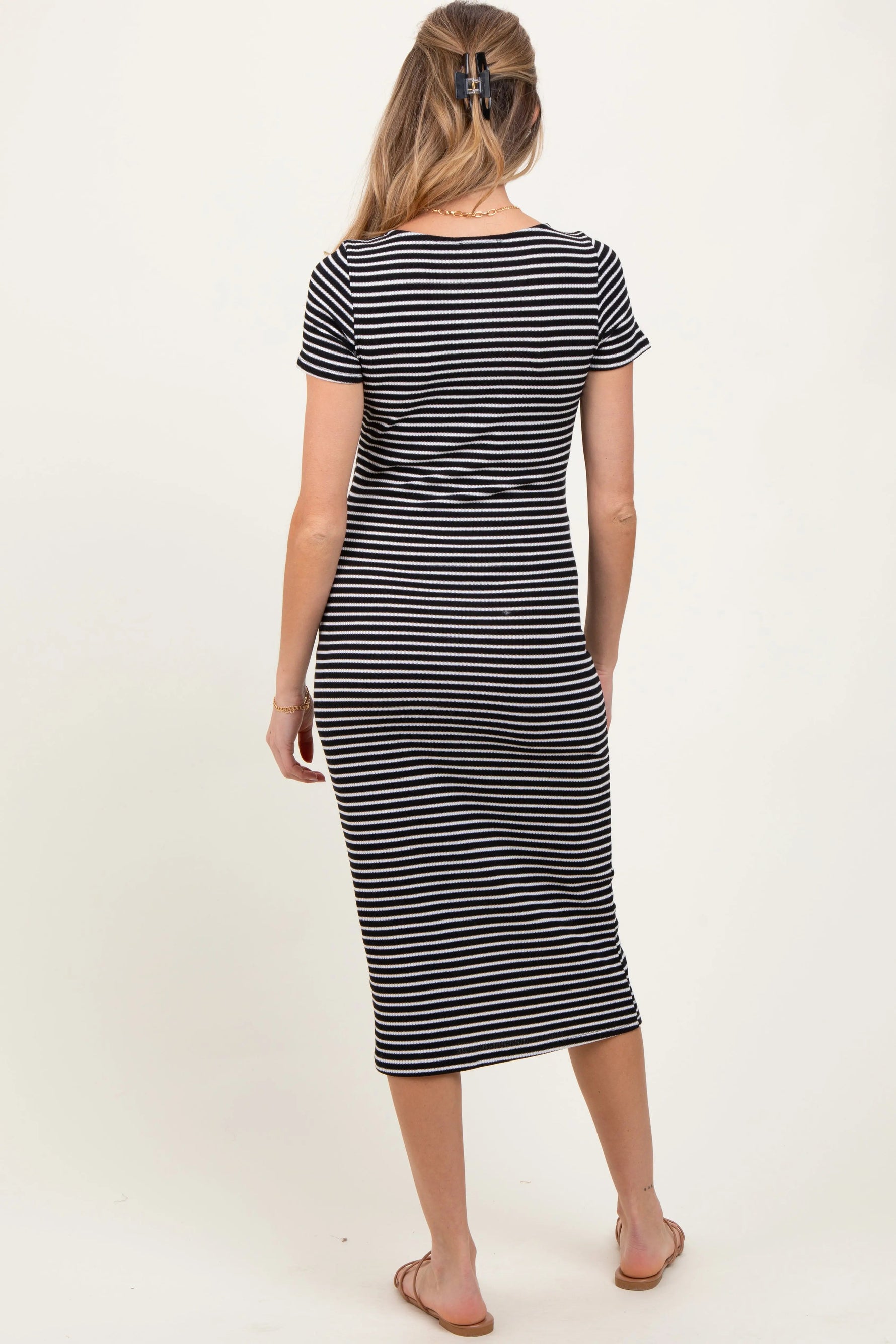 PinkBlush Black White Basic Stripe Rib Short Sleeve Maternity Dress - 