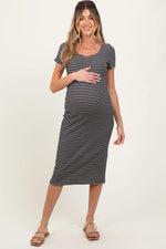 PinkBlush Black White Basic Stripe Rib Short Sleeve Maternity Dress - 